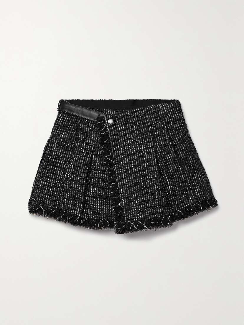 Sacai Layered Leather-trimmed Frayed Pleated Metallic Wool-blend Tweed Shorts
