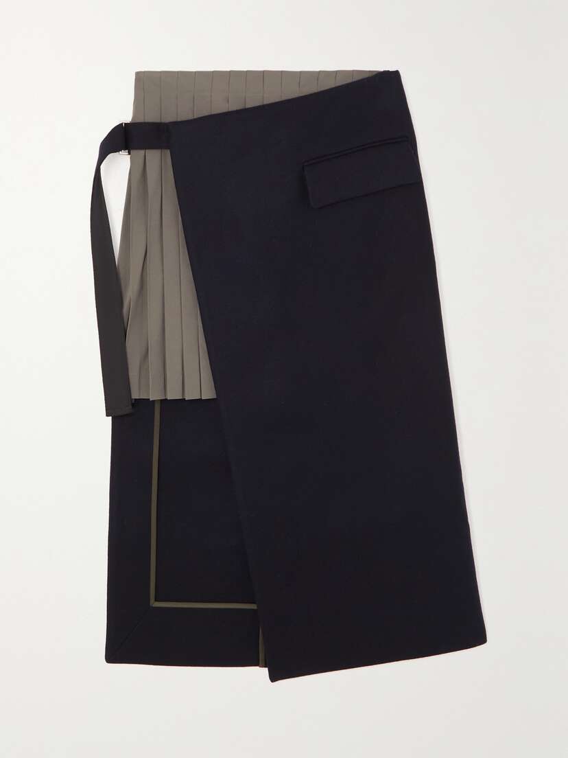 Sacai Wrap-effect Wool And Pleated Poplin Midi Skirt