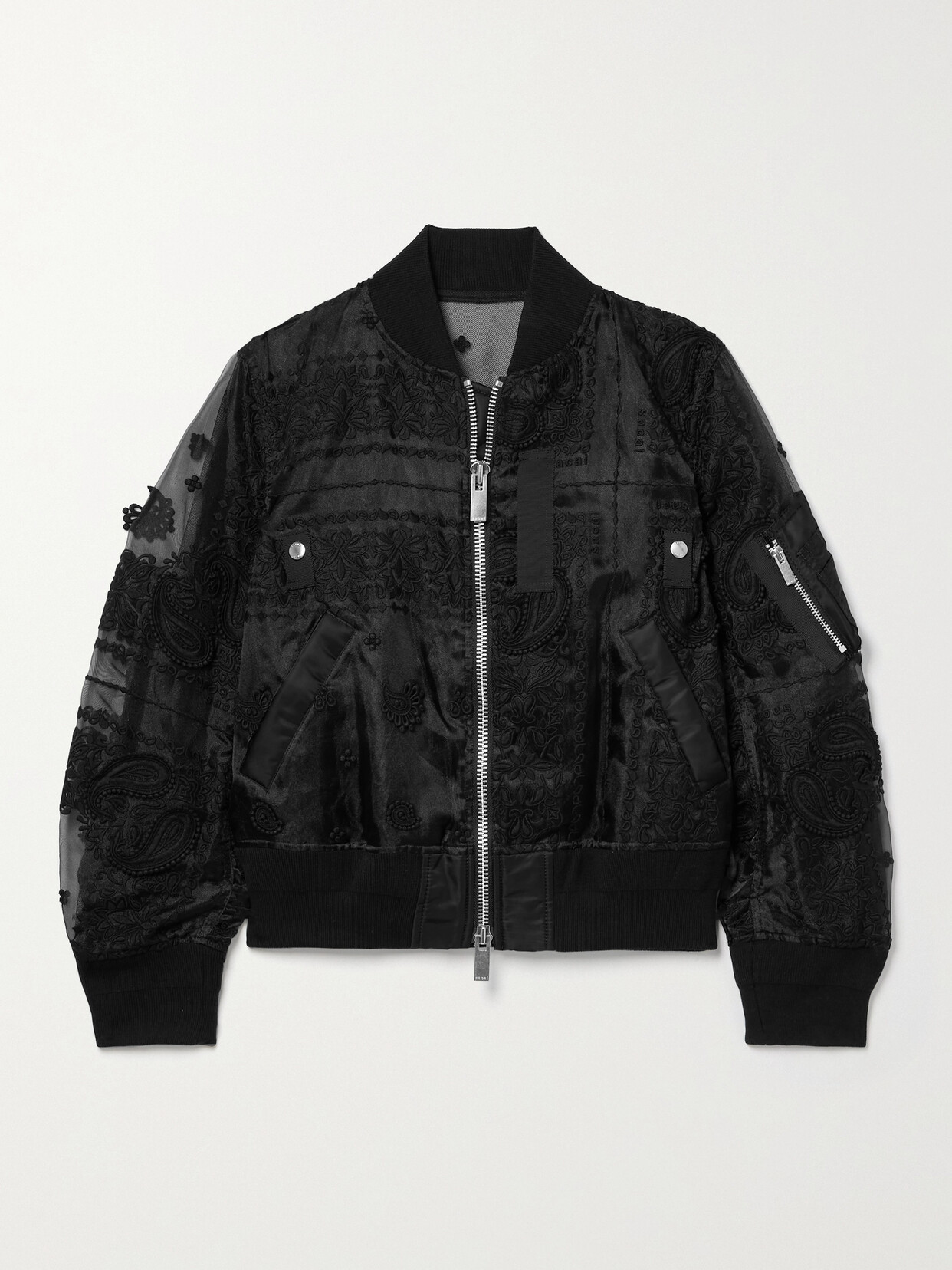 Sacai Embroidered Appliquéd Organza Bomber Jacket In Black