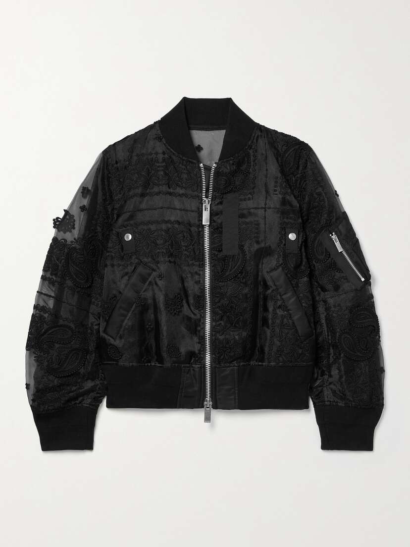 Sacai Embroidered Appliquéd Organza Bomber Jacket