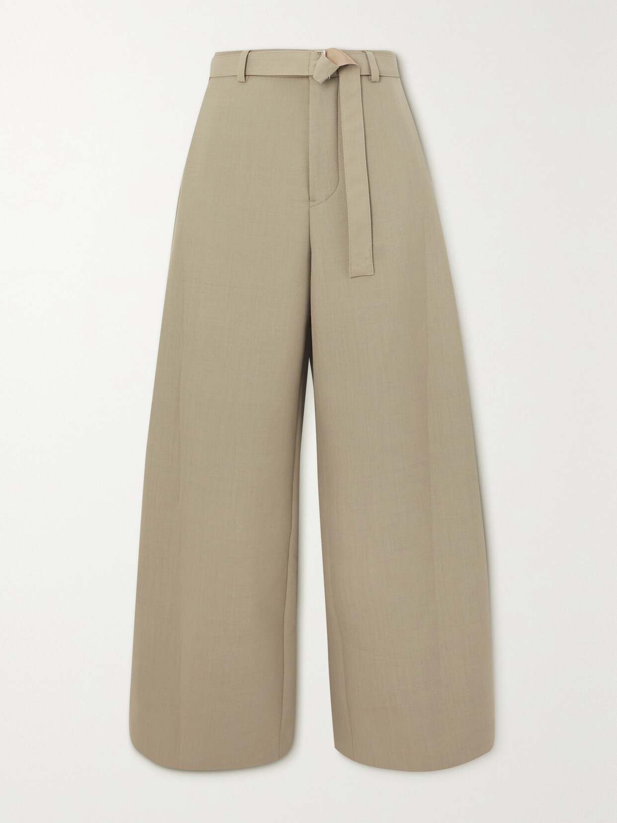 Sacai Cropped Belted Satin-trimmed Woven Straight-leg Pants In Beige