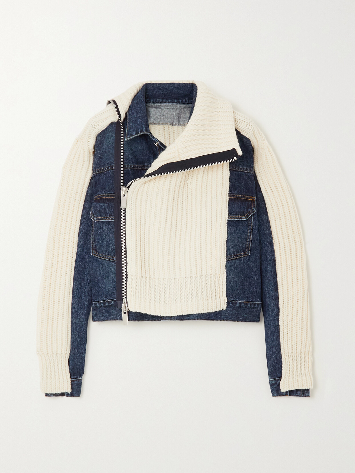 Sacai - Layered Denim-paneled Ribbed Wool-blend Jacket - Off-white