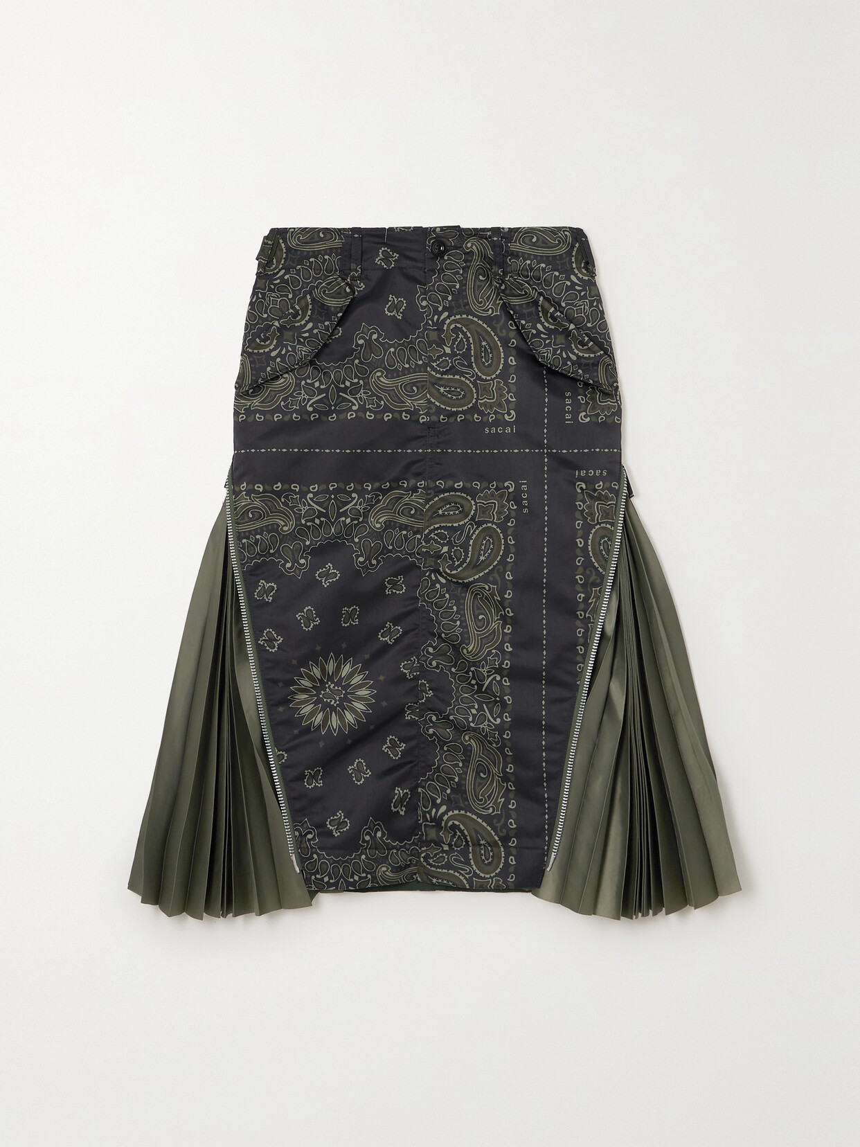 Sacai - Pleated Satin-trimmed Paisley-print Shell Midi Skirt - Blue