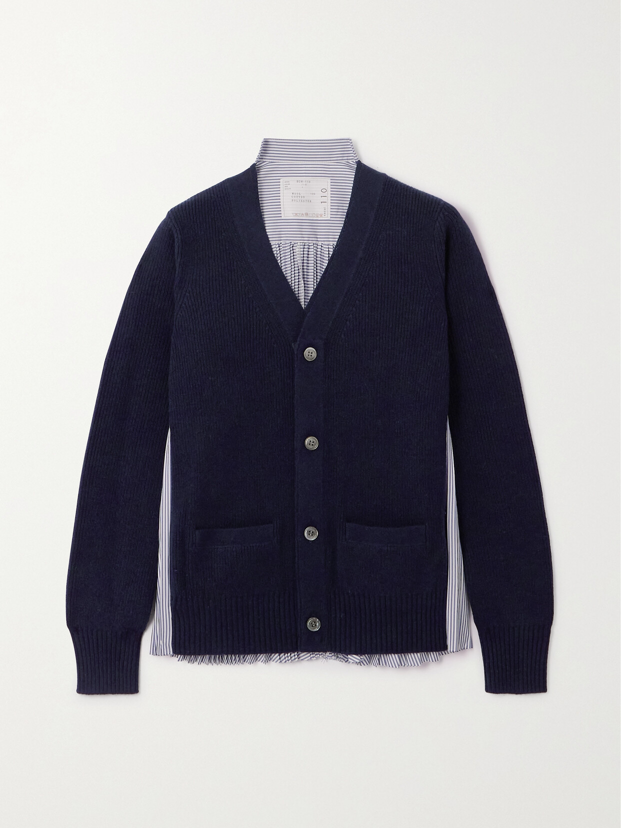 Sacai - Pleated Striped Cotton-blend Poplin And Ribbed Wool Cardigan - Blue