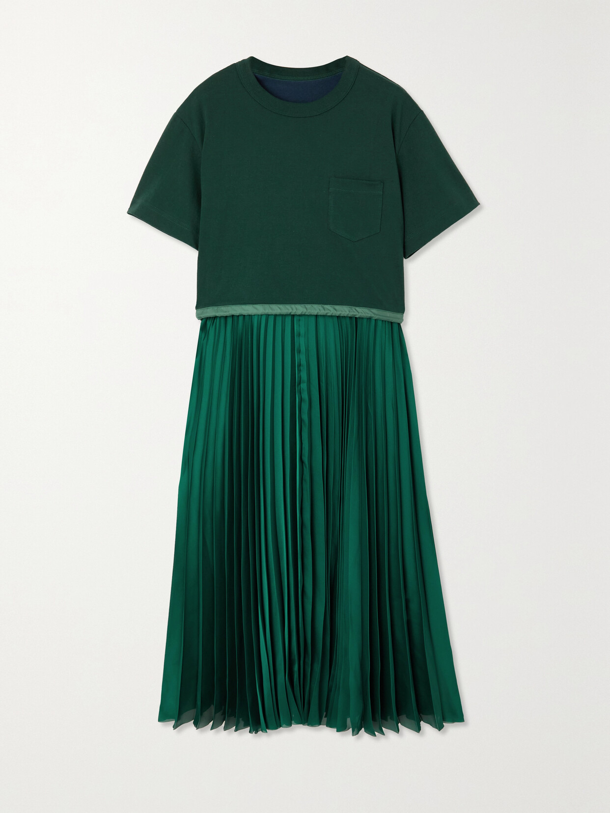 Sacai Layered Cotton-jersey And Pleated Satin Midi Dress - Green