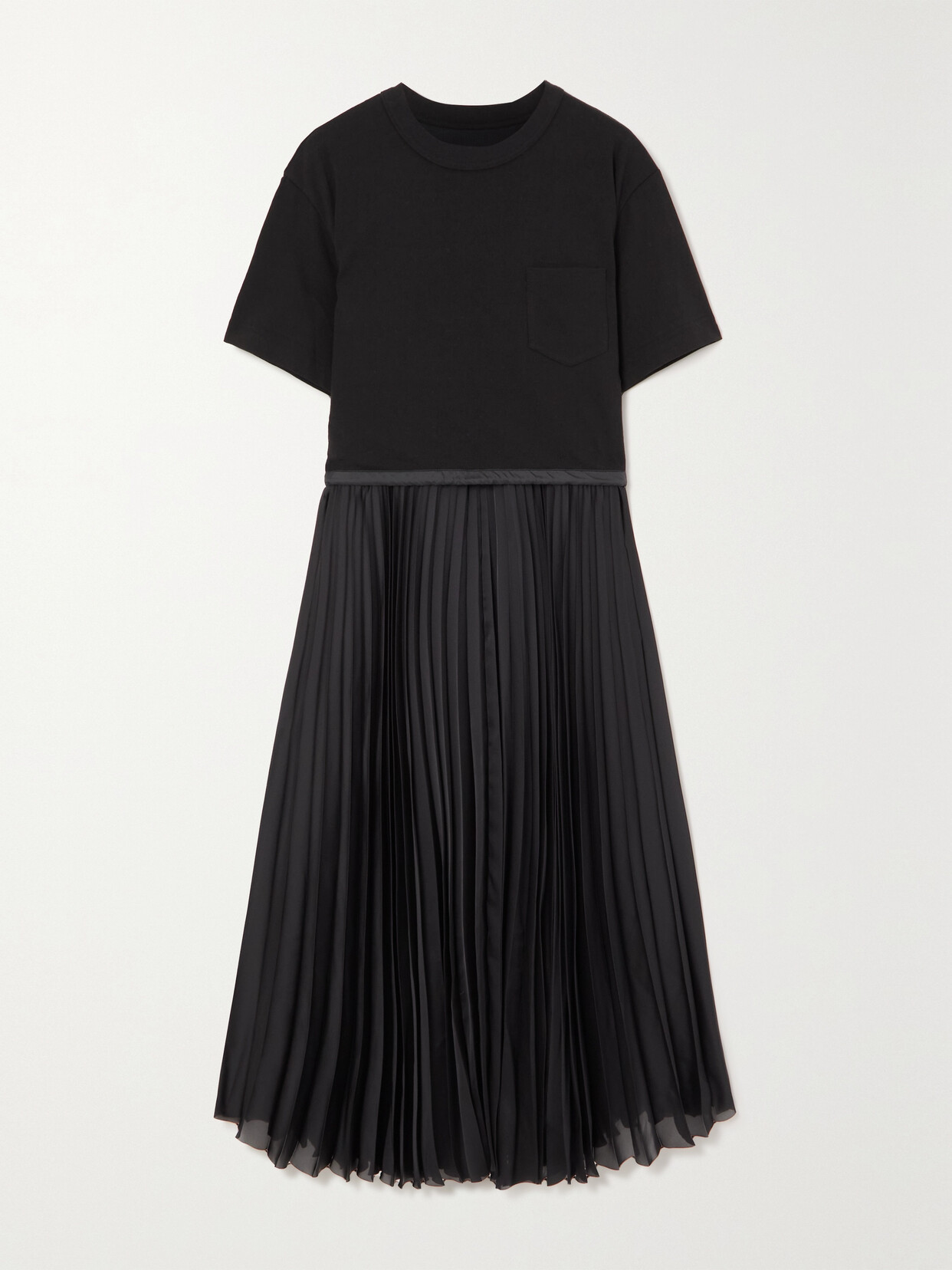 Sacai - Layered Cotton-jersey And Pleated Satin Midi Dress - Black