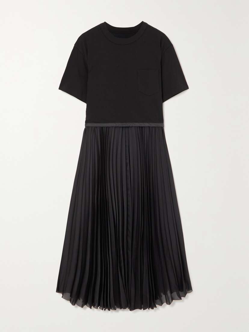 Sacai Layered Cotton-jersey And Pleated Satin Midi Dress