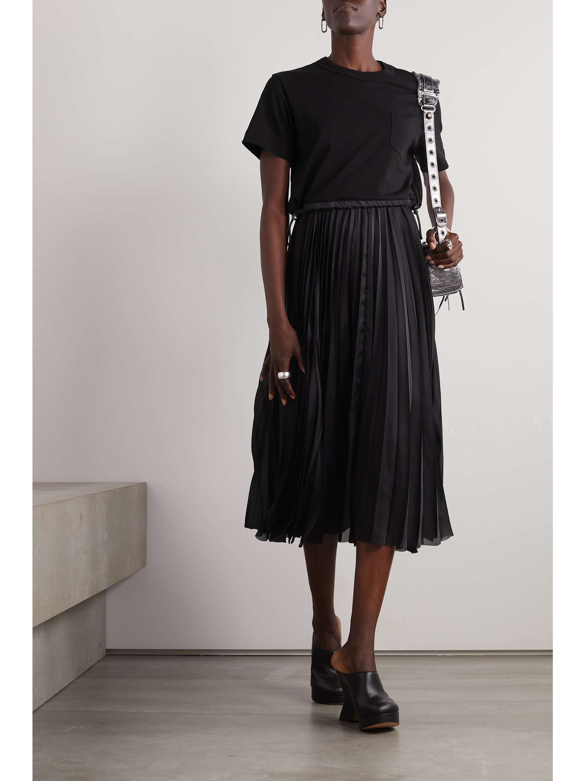 SACAI Layered cotton-jersey and pleated satin midi dress | NET-A-PORTER