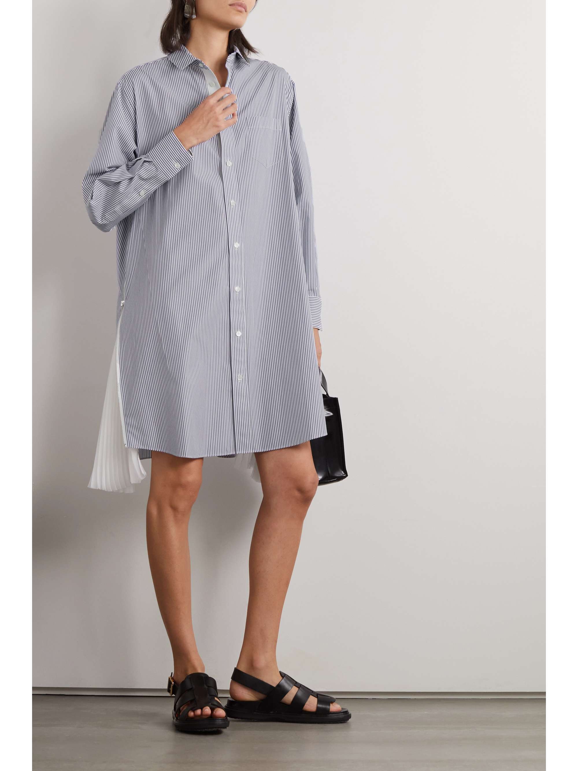 SACAI Striped cotton-blend poplin and pleated crepe de chine mini shirt ...