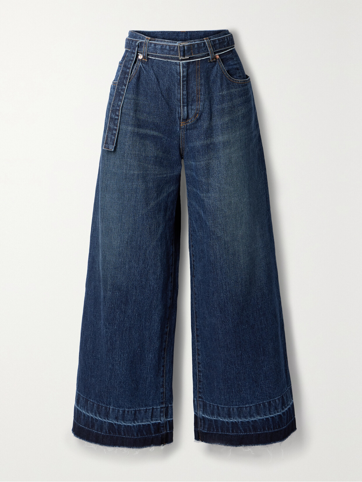 Shop Sacai Belted Frayed Wide-leg Jeans In Blue