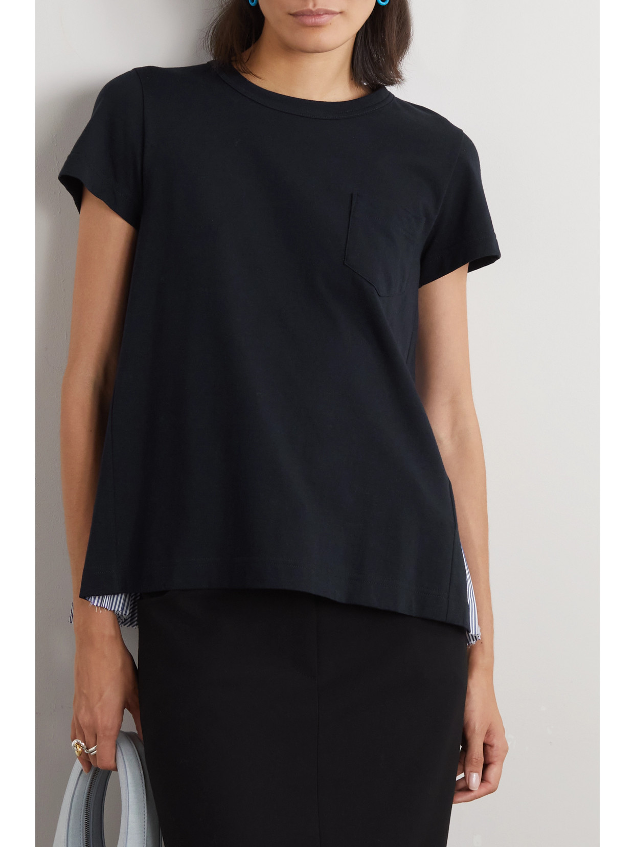Sacai Pleated Paneled Cotton-jersey And Striped Poplin T-shirt In Blue