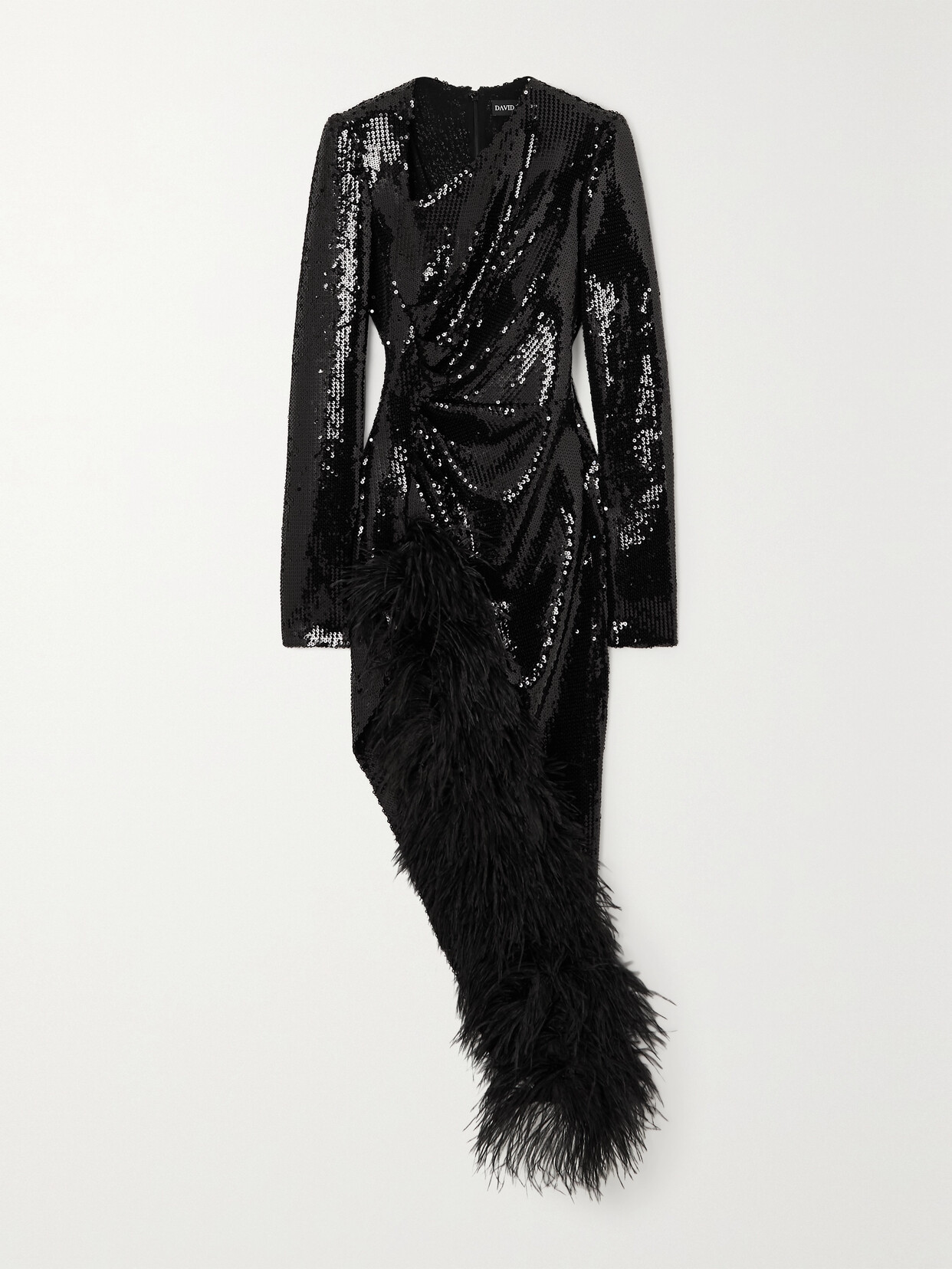 David Koma - Asymmetric Feather-trimmed Sequined Chiffon Midi Dress - Black