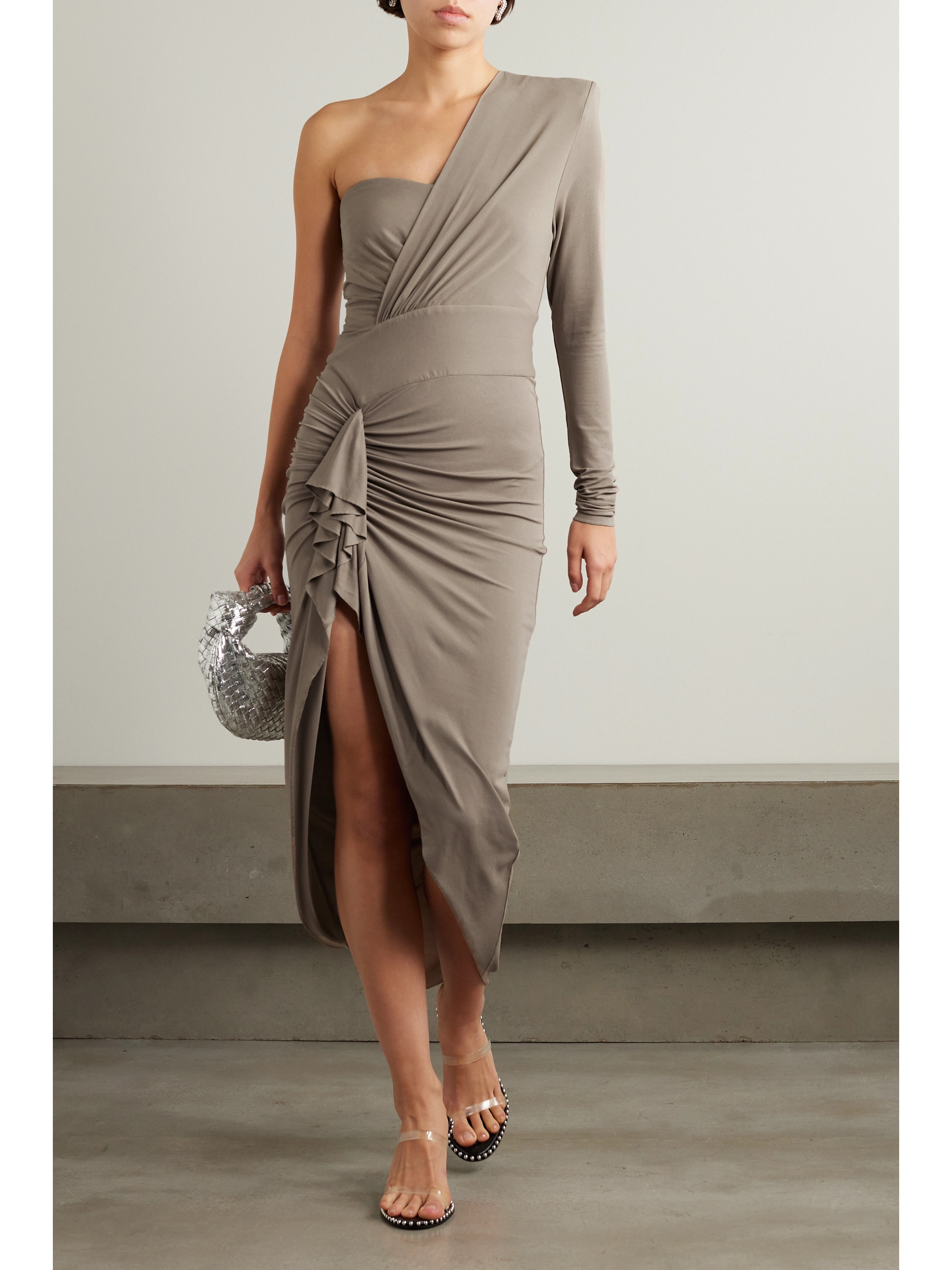 Alexandre Vauthier Asymmetric one-sleeve ruffled stretch-jersey maxi dress