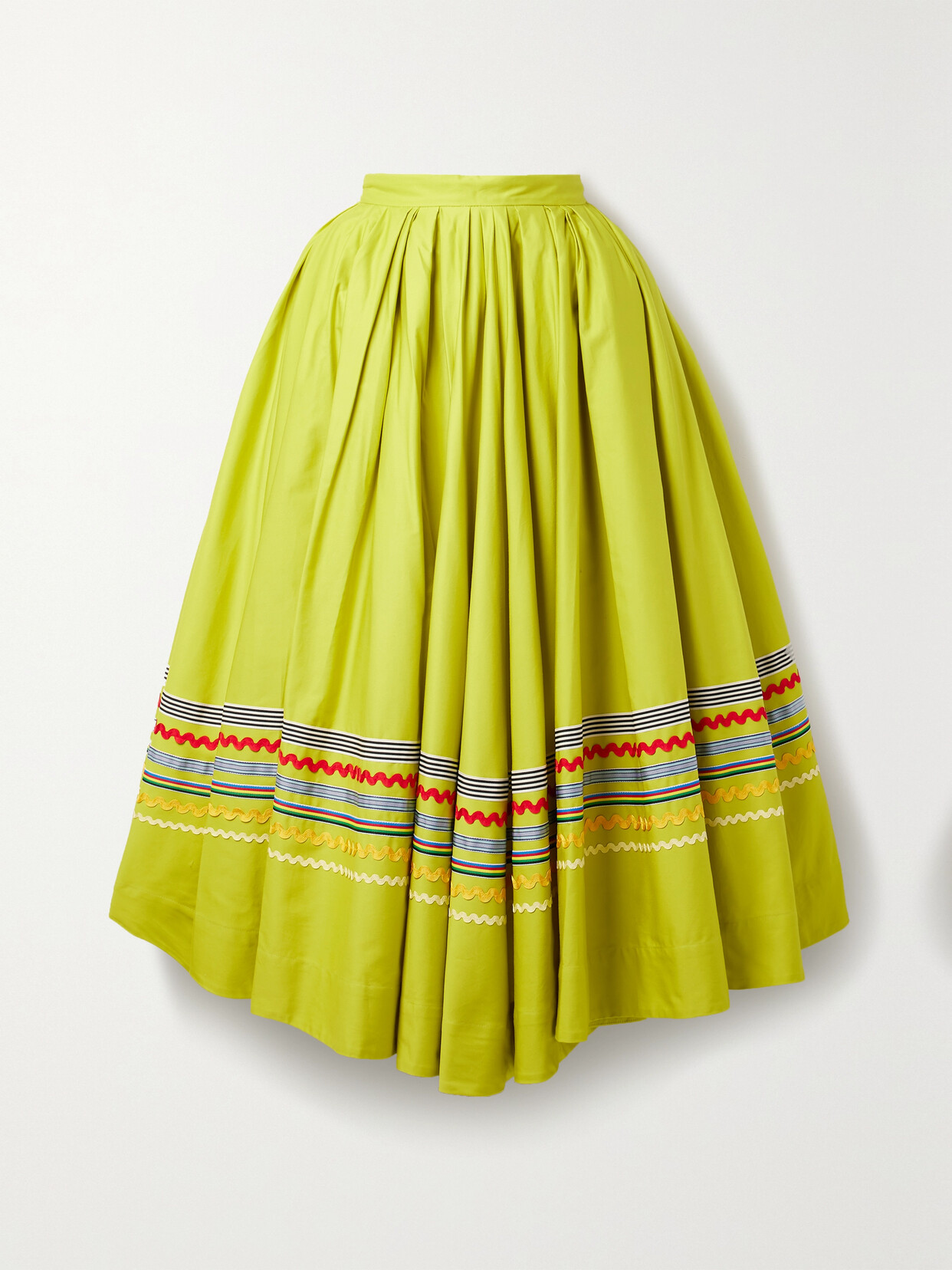 Christopher John Rogers - Striped Grosgrain And Ric Rac-trimmed Pleated Cotton Maxi Skirt - Yellow