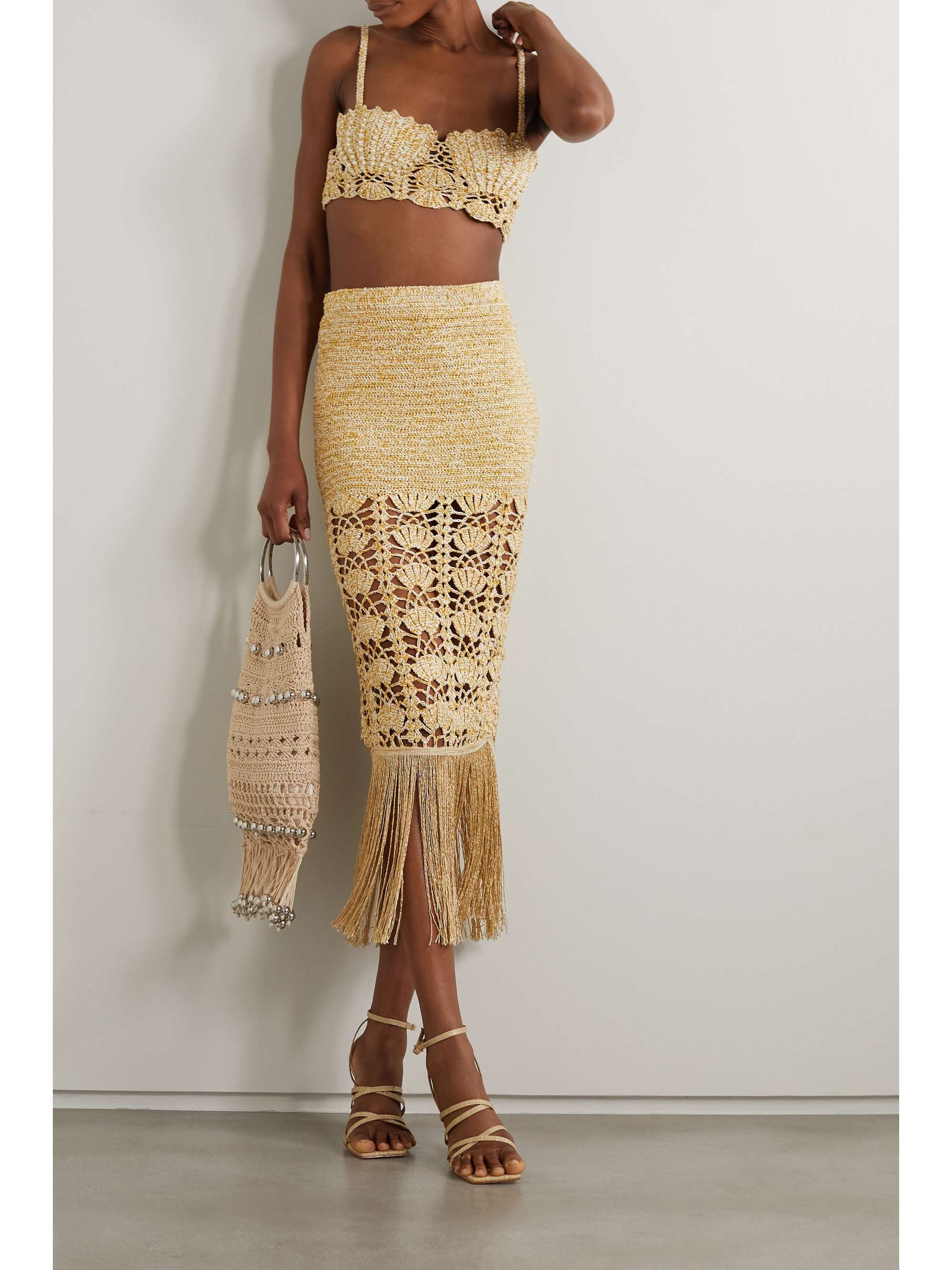 RETROFÊTE Naida metallic crochet-knit midi skirt | NET-A-PORTER