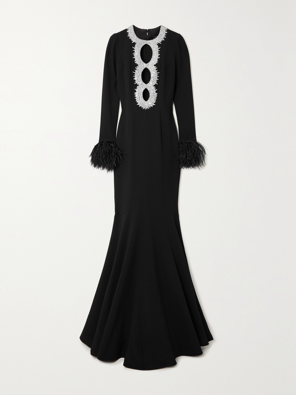 ANDREW GN CUTOUT CRYSTAL-EMBELLISHED FEATHER-TRIMMED CREPE GOWN