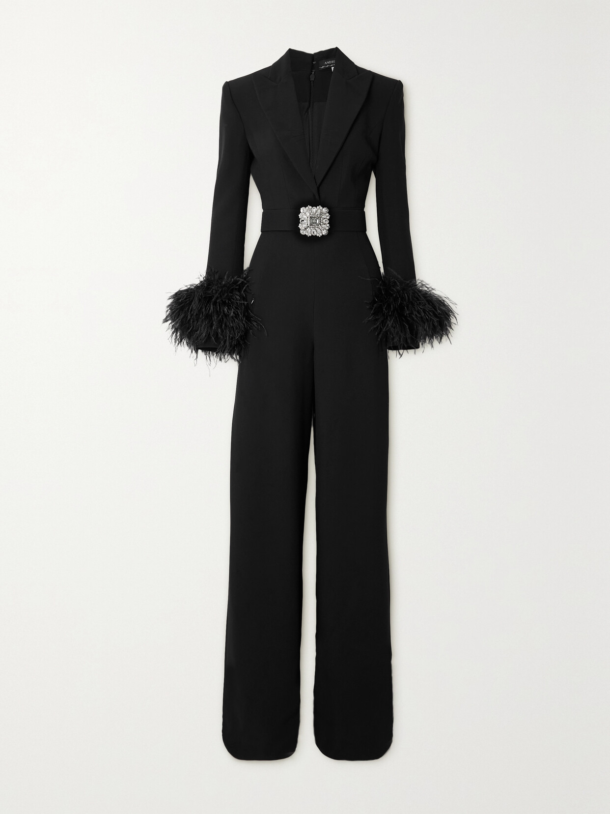 Andrew Gn - Belted Embellished Feather-trimmed Crepe Jumpsuit - Black