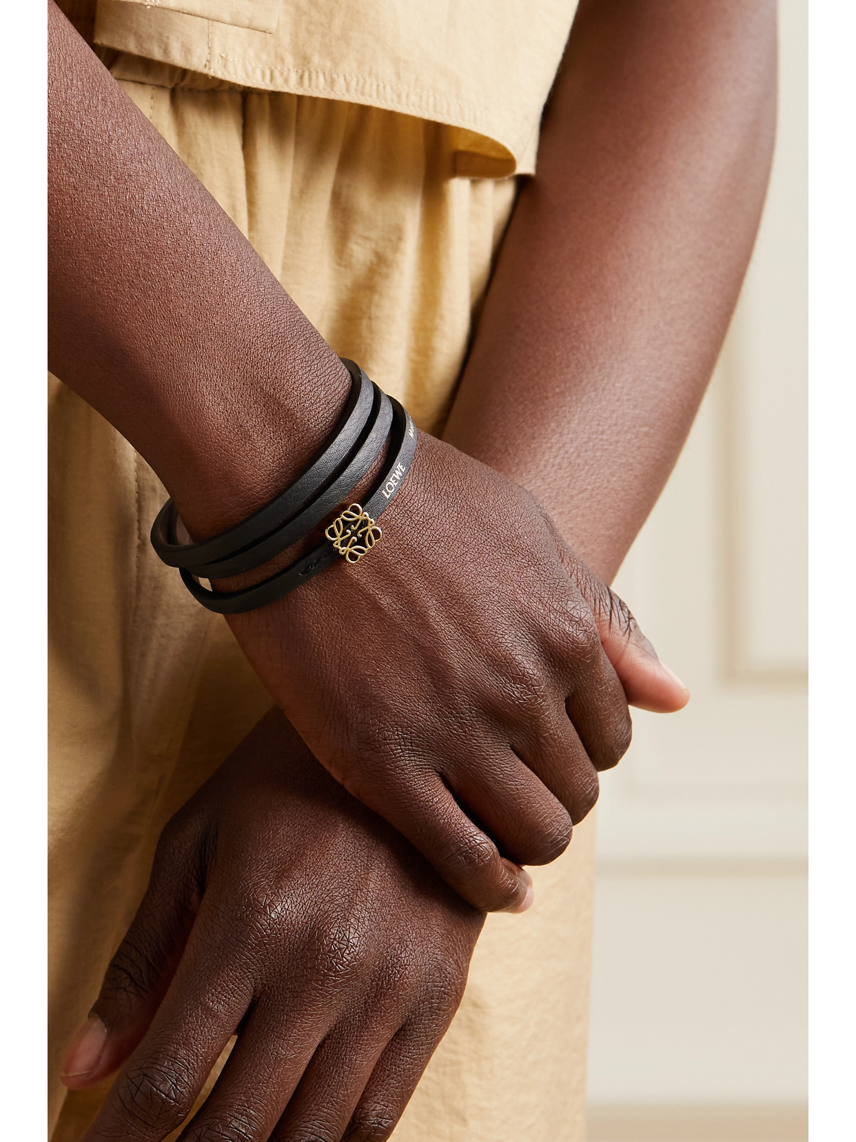 Shop Loewe + Paula's Ibiza Leather And Gold-tone Wrap Bracelet In Black