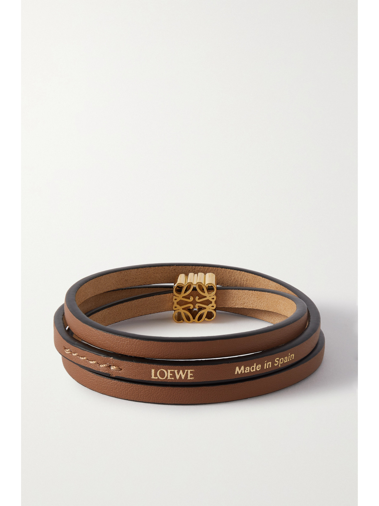 Shop Loewe + Paula's Ibiza Leather And Gold-tone Wrap Bracelet In Brown