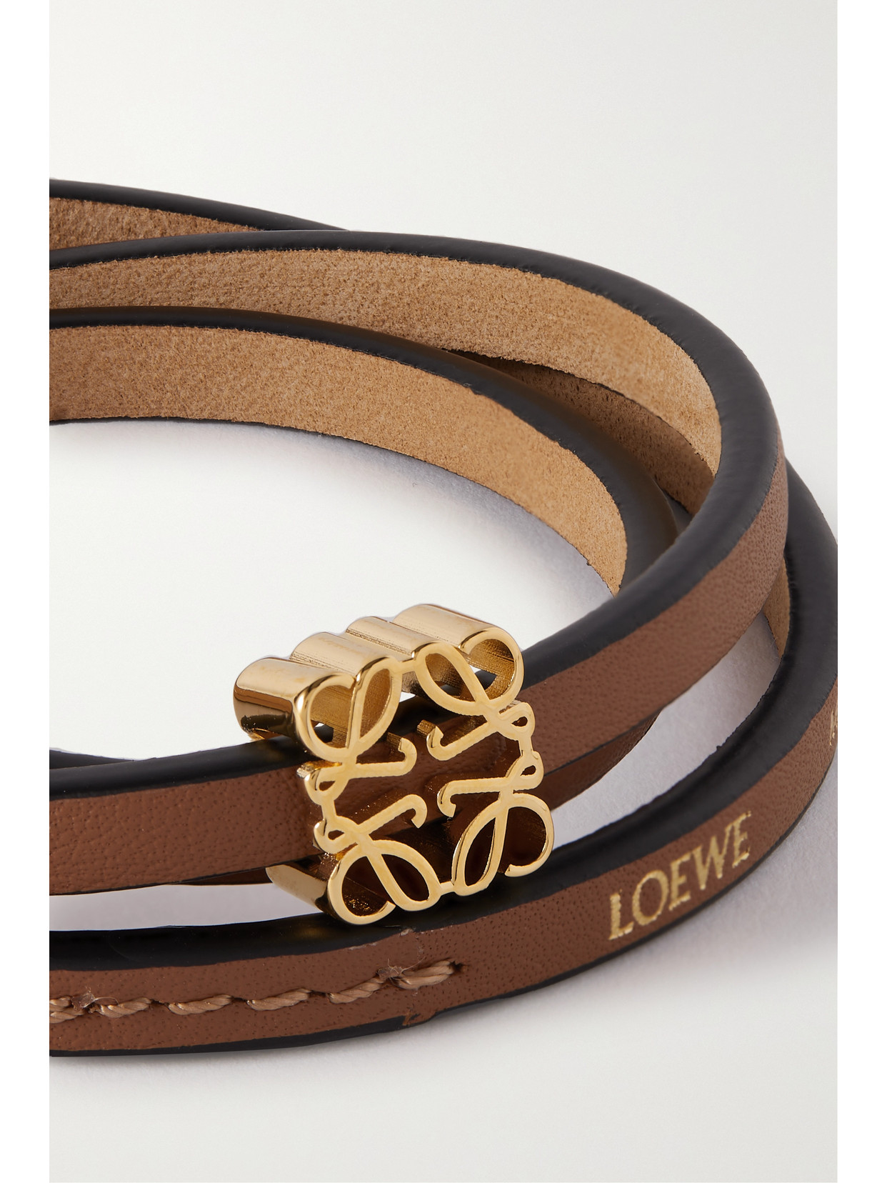 Shop Loewe + Paula's Ibiza Leather And Gold-tone Wrap Bracelet In Brown