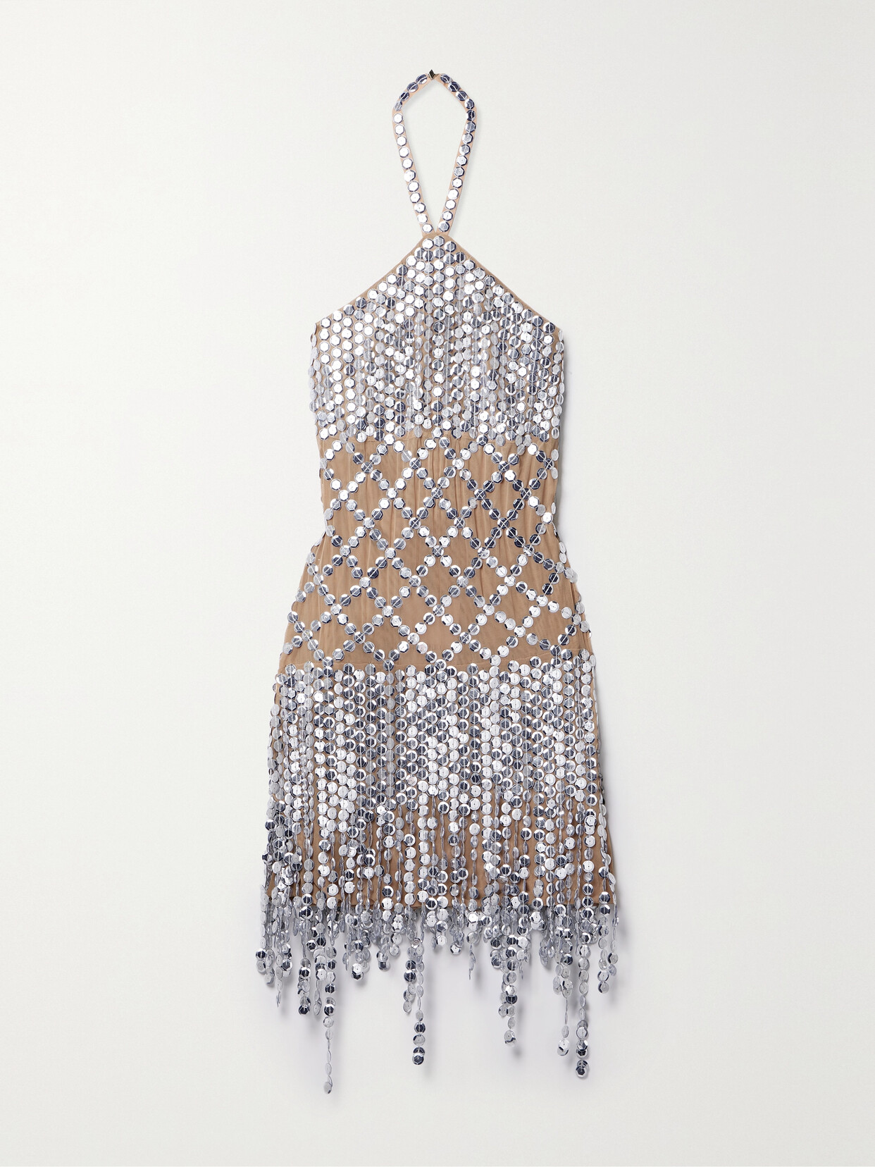 Attico Adriel Fringed Sequin-embellished Stretch-mesh Halterneck Mini Dress In Silver