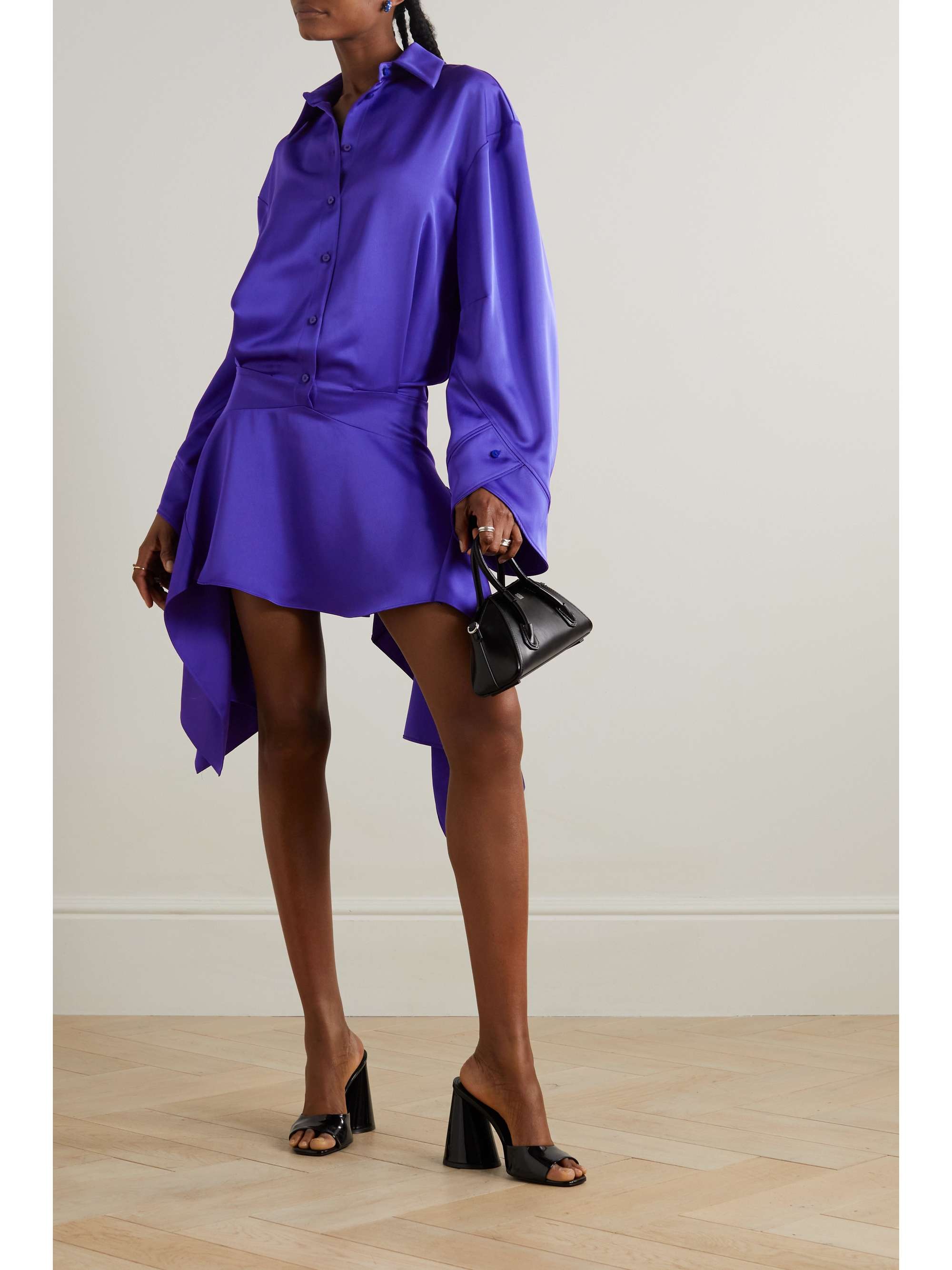 Mischa asymmetric draped satin mini shirt dress