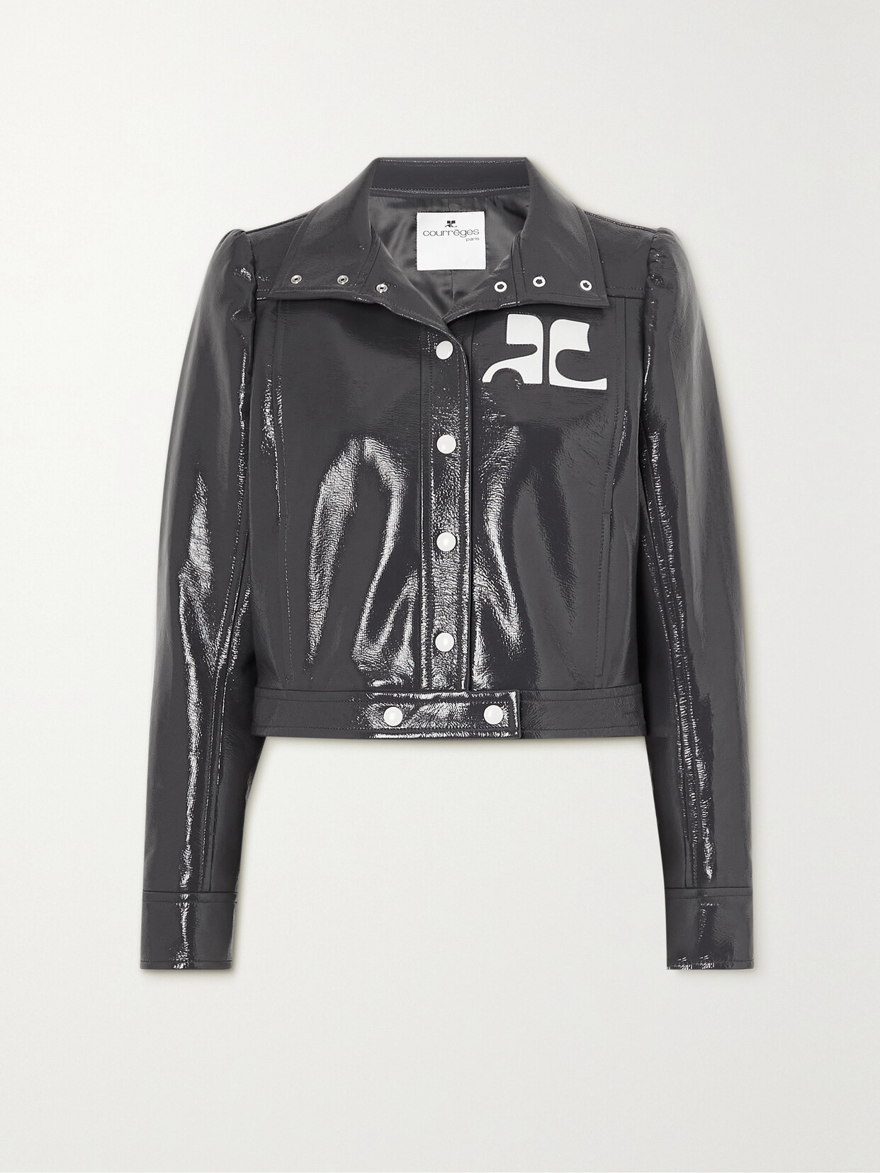 Courrèges Glossy Black Coat With High Collar And Logo Detailing In Green