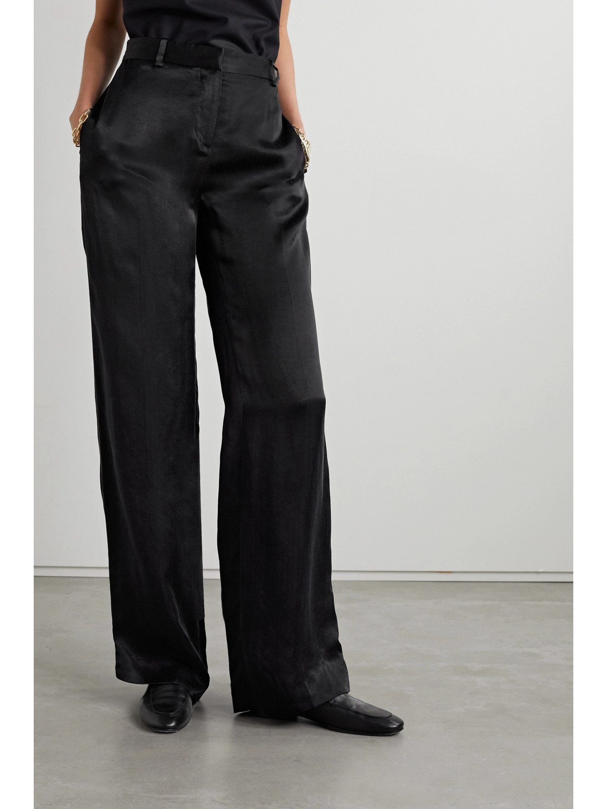 Shop The Row Bany Wool-satin Wide-leg Pants In Black