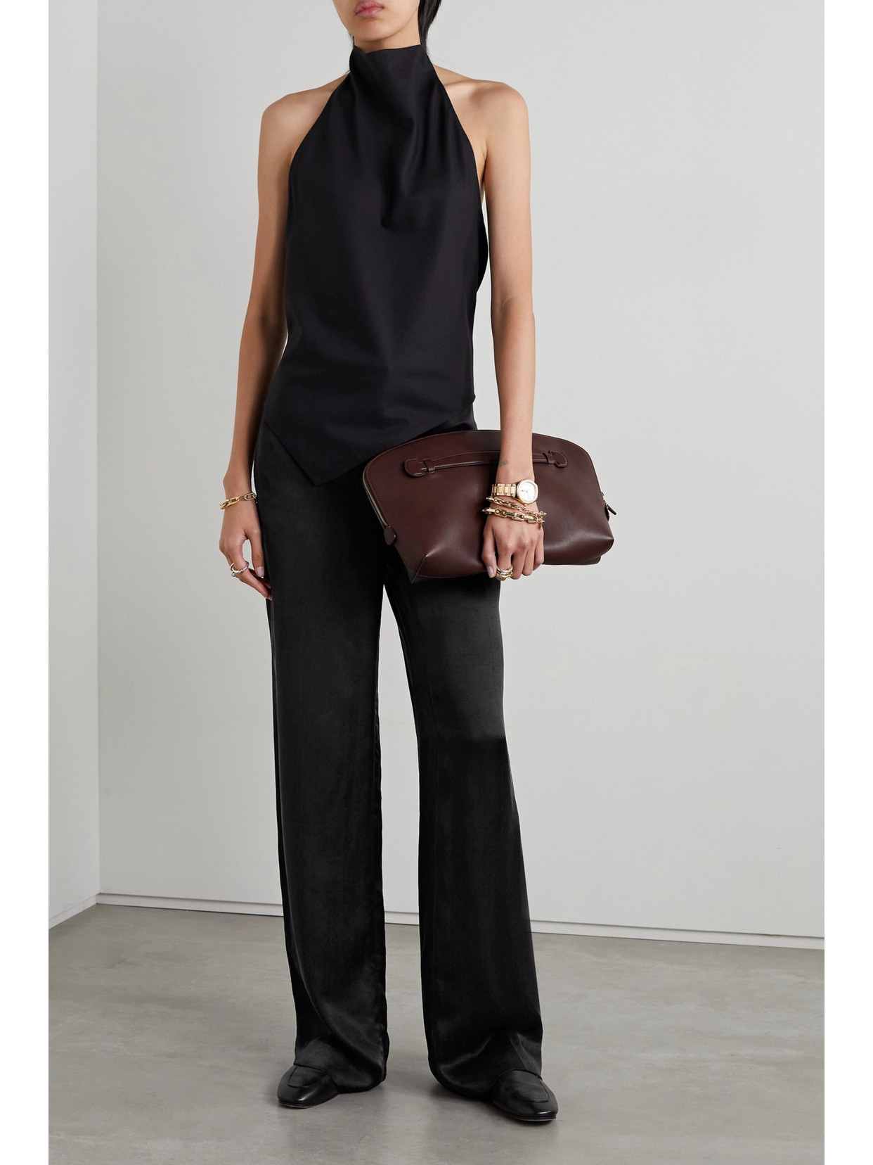 The Row Bany Wool-satin Wide-leg Pants In Black