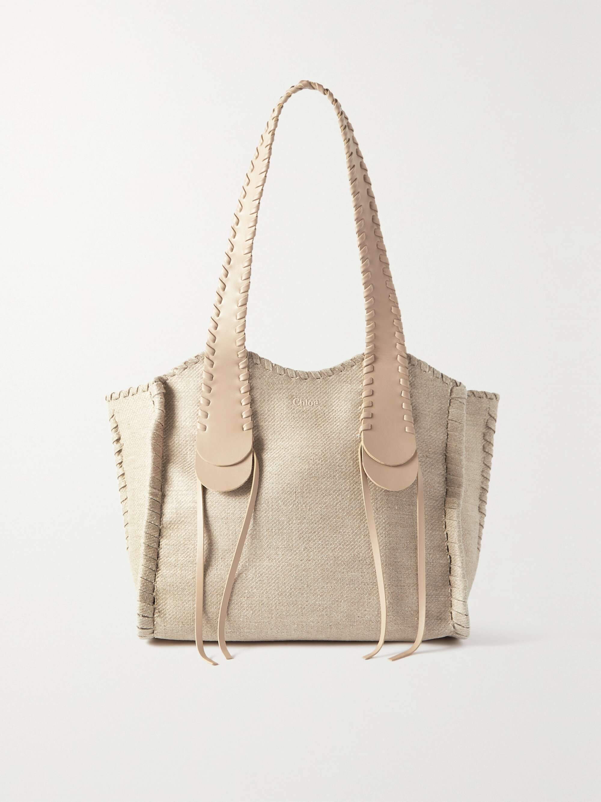 CHLOÉ Mony large leather-trimmed whipstitched linen tote | NET-A