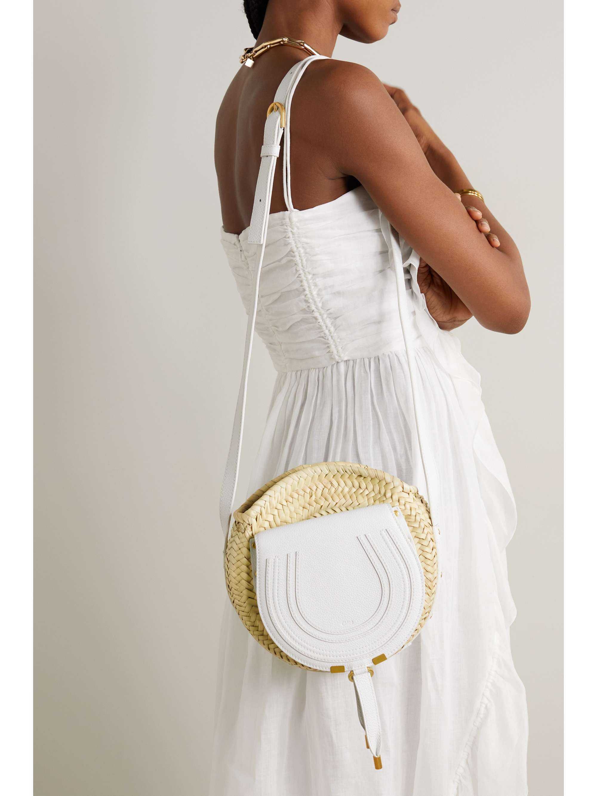 CHLOÉ + NET SUSTAIN Marcie leather and raffia shoulder bag