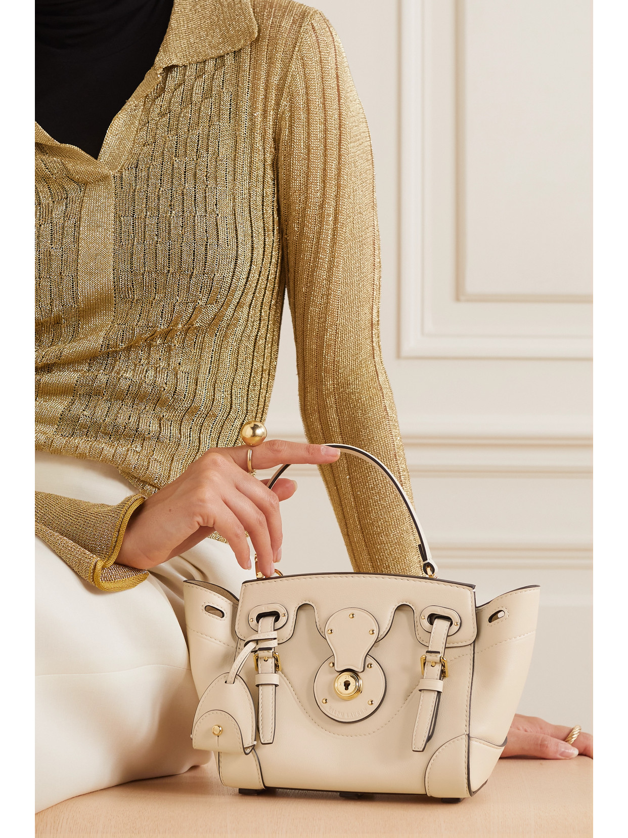 Shop Ralph Lauren Soft Ricky Small Leather Tote In Cream