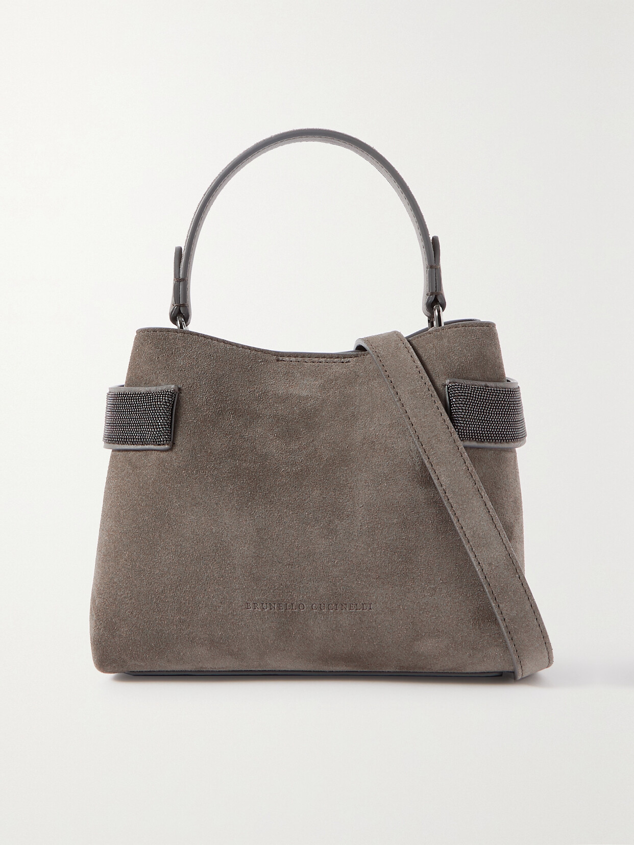 Brunello Cucinelli Bead-embellished Suede Shoulder Bag In Gray