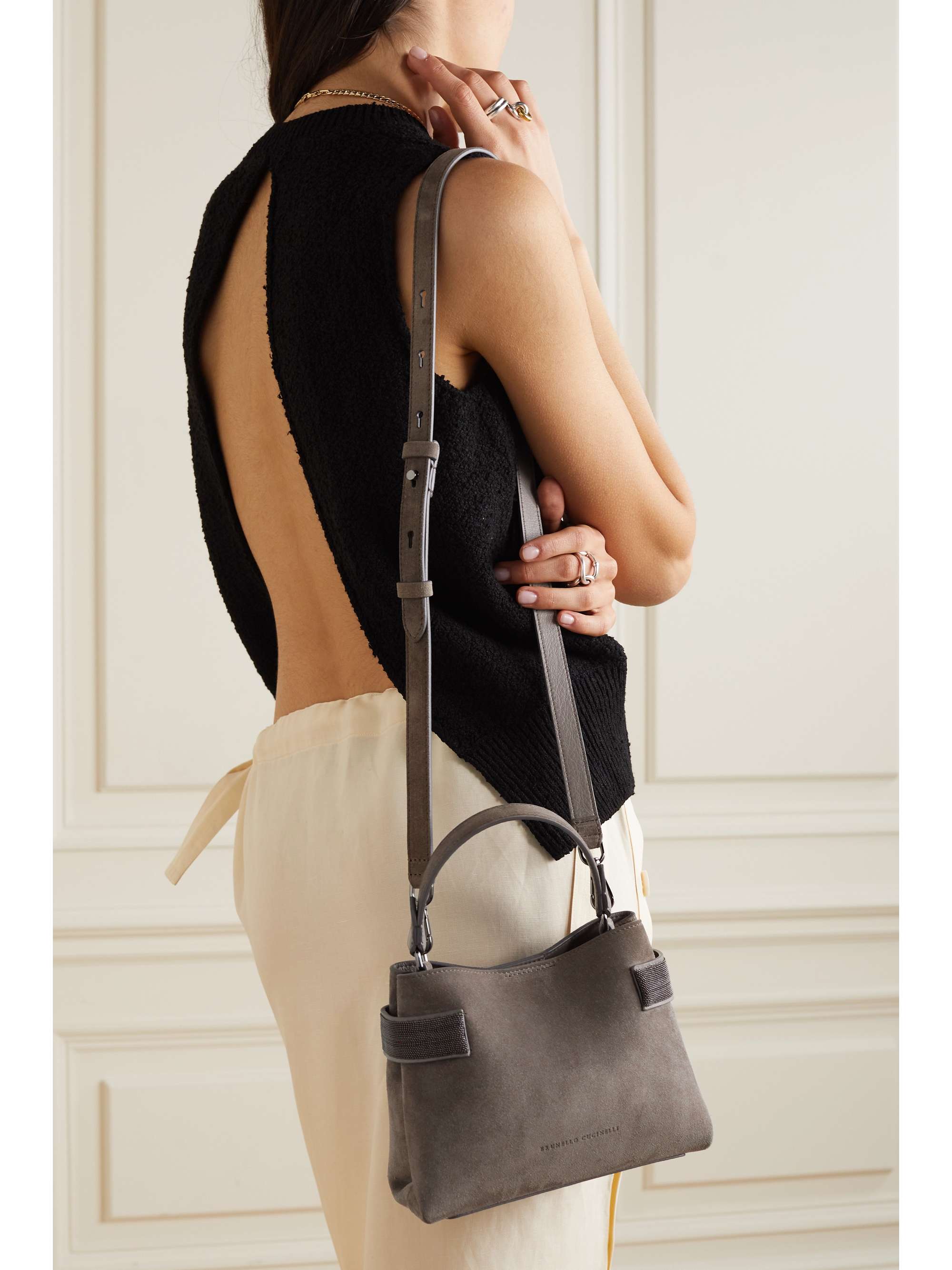 BRUNELLO CUCINELLI Bead-embellished suede shoulder bag
