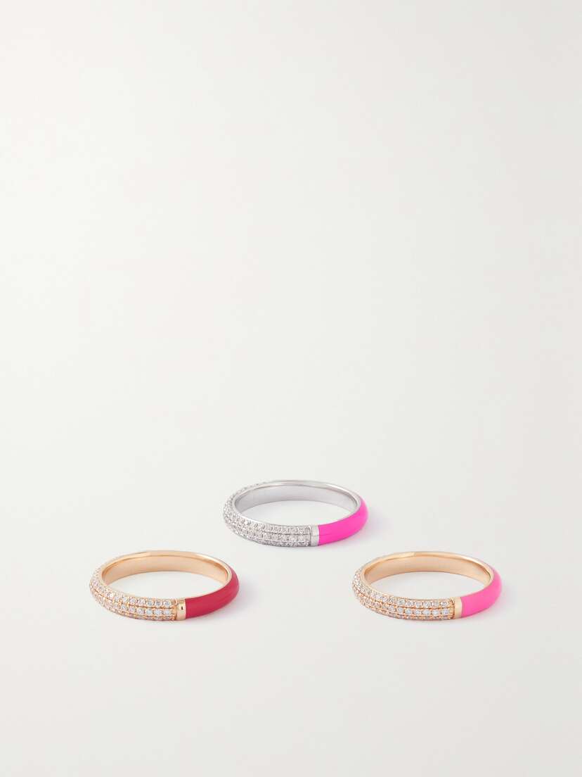 Fry Powers Lovers Set Of Three 18-karat Gold, Enamel And Diamond Rings