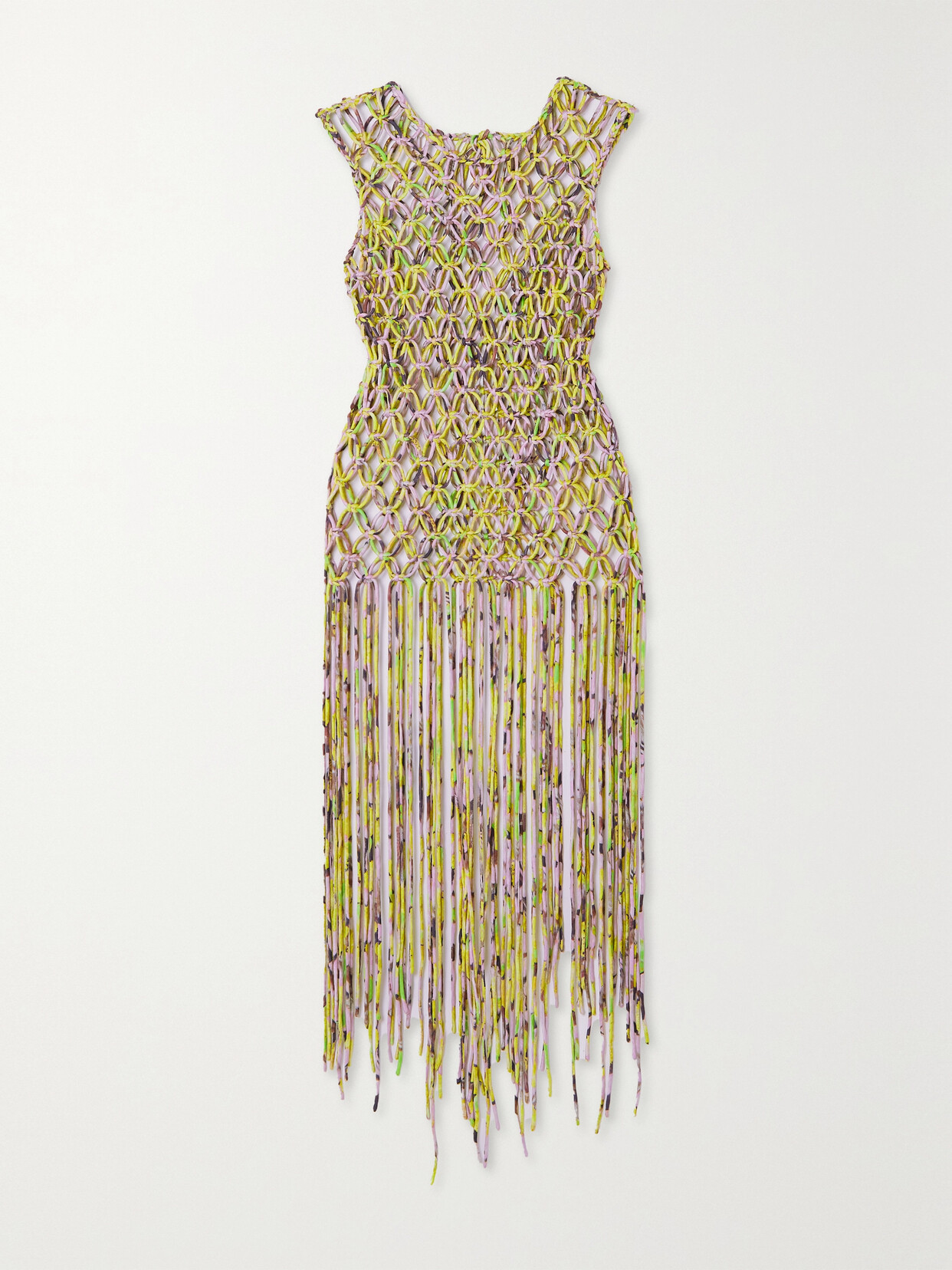 Dries Van Noten Fringed Printed Macramé Satin Top - Yellow