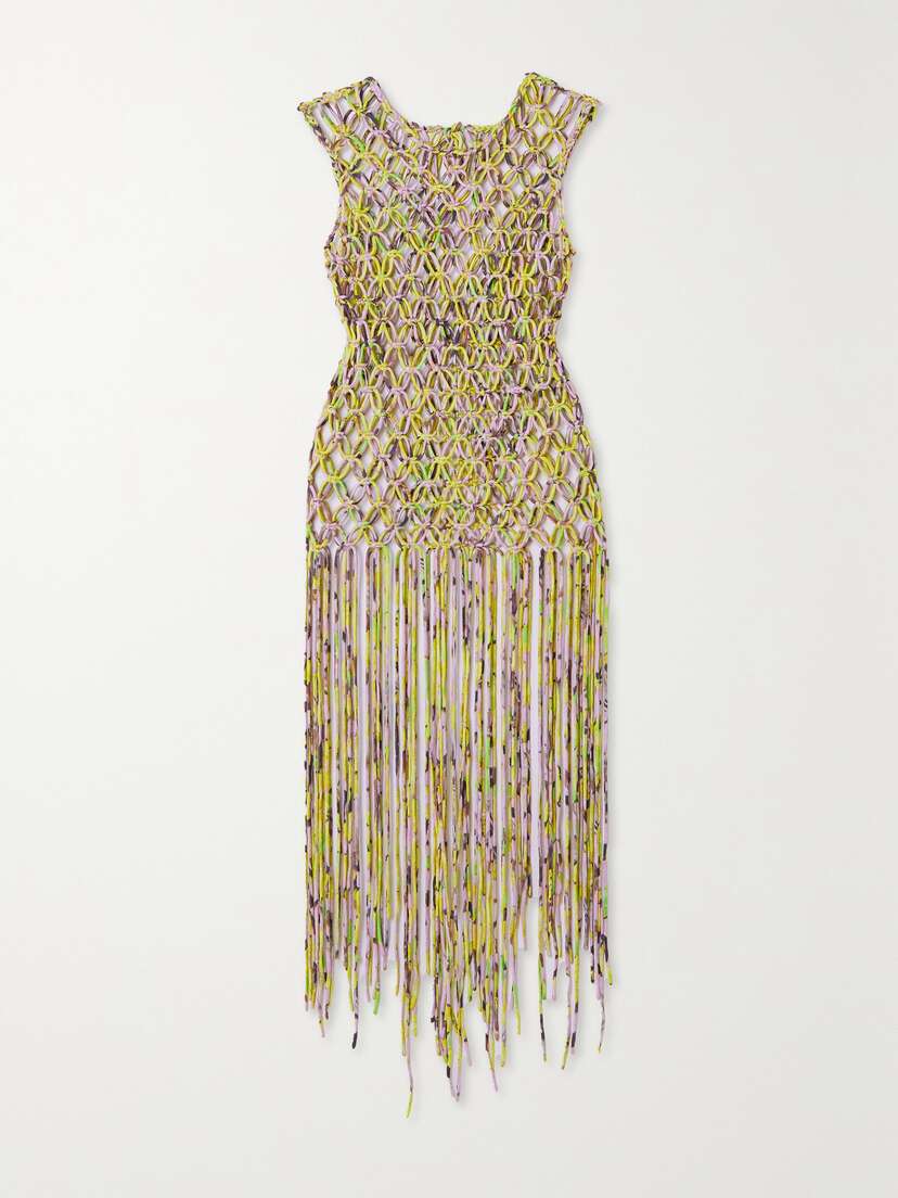 Dries Van Noten Fringed Printed Macramé Satin Top