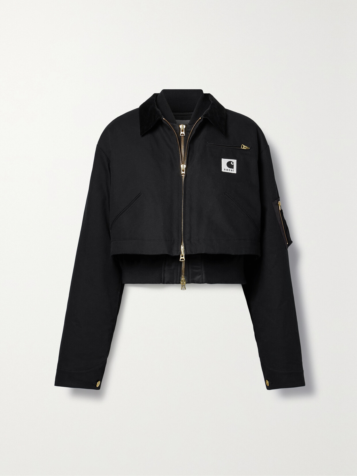 Sacai - + Carhartt Wip Detroit Cropped Velvet-trimmed Cotton-blend Canvas And Shell Jacket - Black