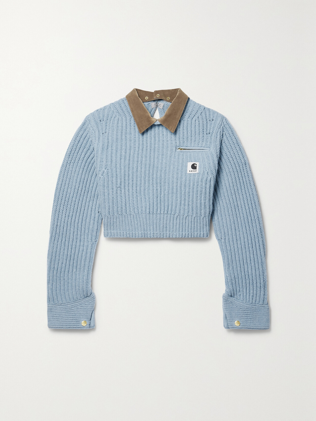 Sacai + Carhartt Wip Detroit Cropped Velvet-trimmed Ribbed Wool-blend Sweater - Blue