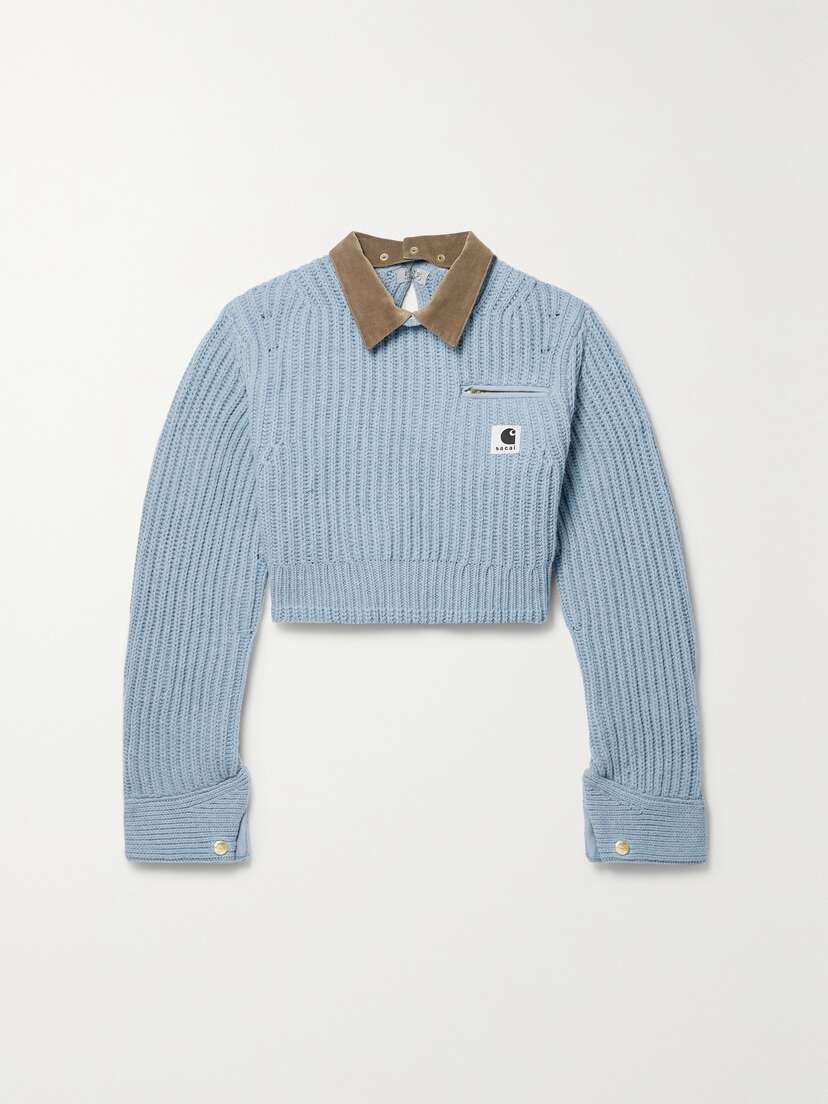 Sacai + Carhartt Wip Detroit Cropped Velvet-trimmed Ribbed Wool-blend Sweater