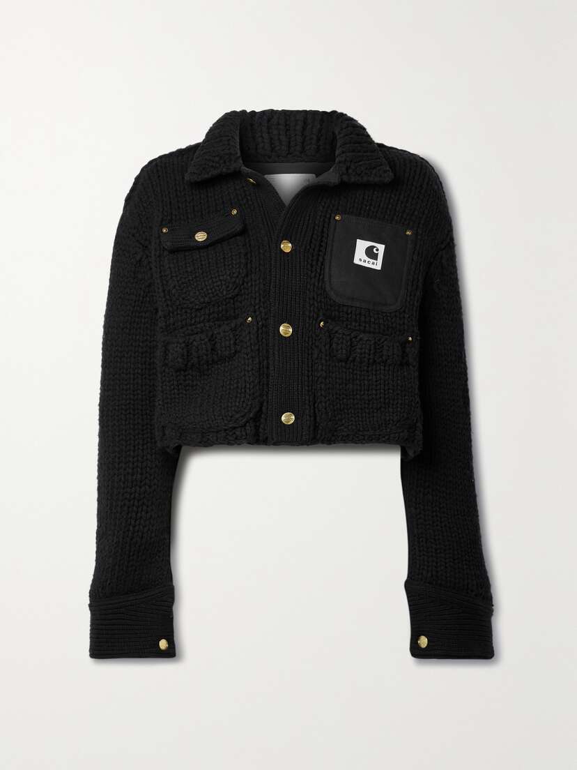 Sacai + Carhartt Wip Cropped Canvas-trimmed Ribbed Wool-blend Jacket