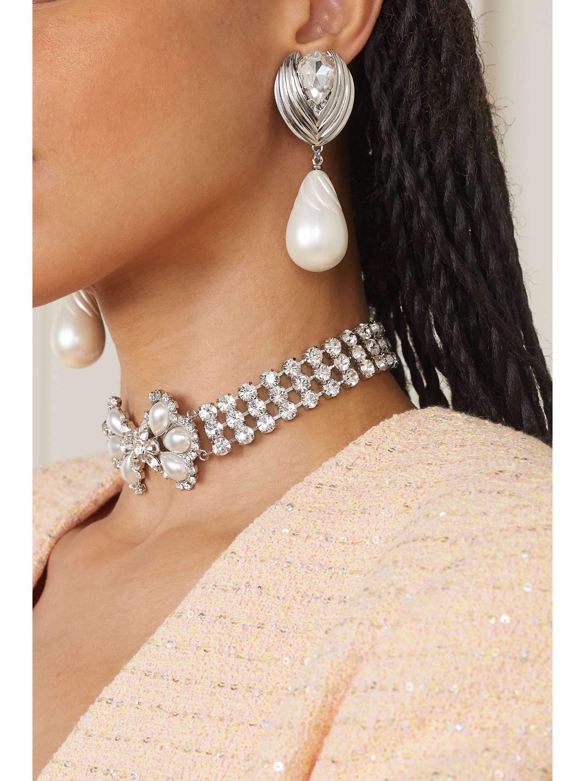 ALESSANDRA RICH Silver-tone crystal and pearl clip earrings | NET-A-PORTER