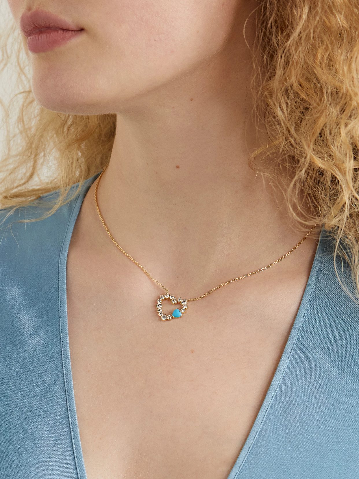JENNIFER MEYER LARGE OPEN HEART 18-KARAT GOLD, DIAMOND AND TURQUOISE NECKLACE