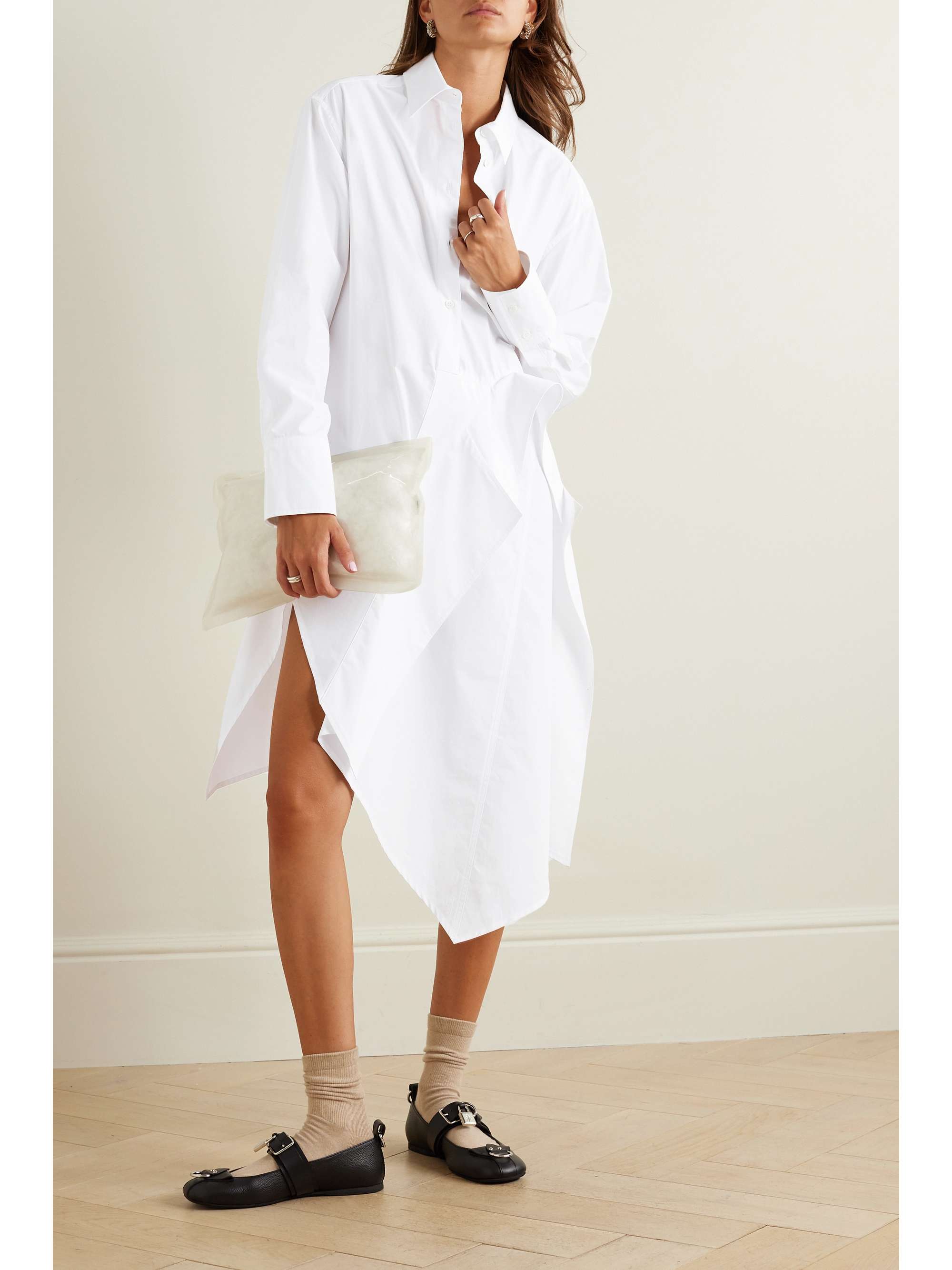 Deconstructed draped asymmetric cotton-poplin shirt dress