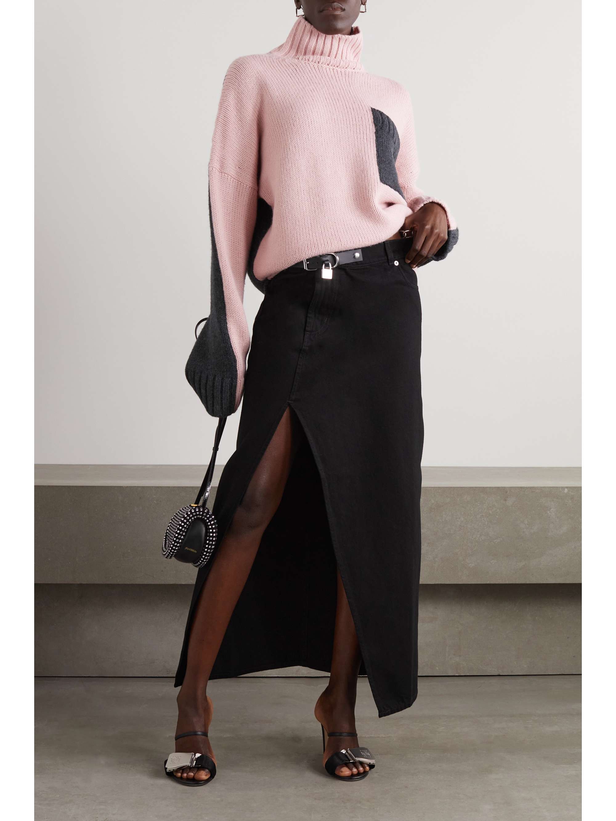 JW ANDERSON Embellished leather-trimmed denim midi skirt | NET-A-PORTER