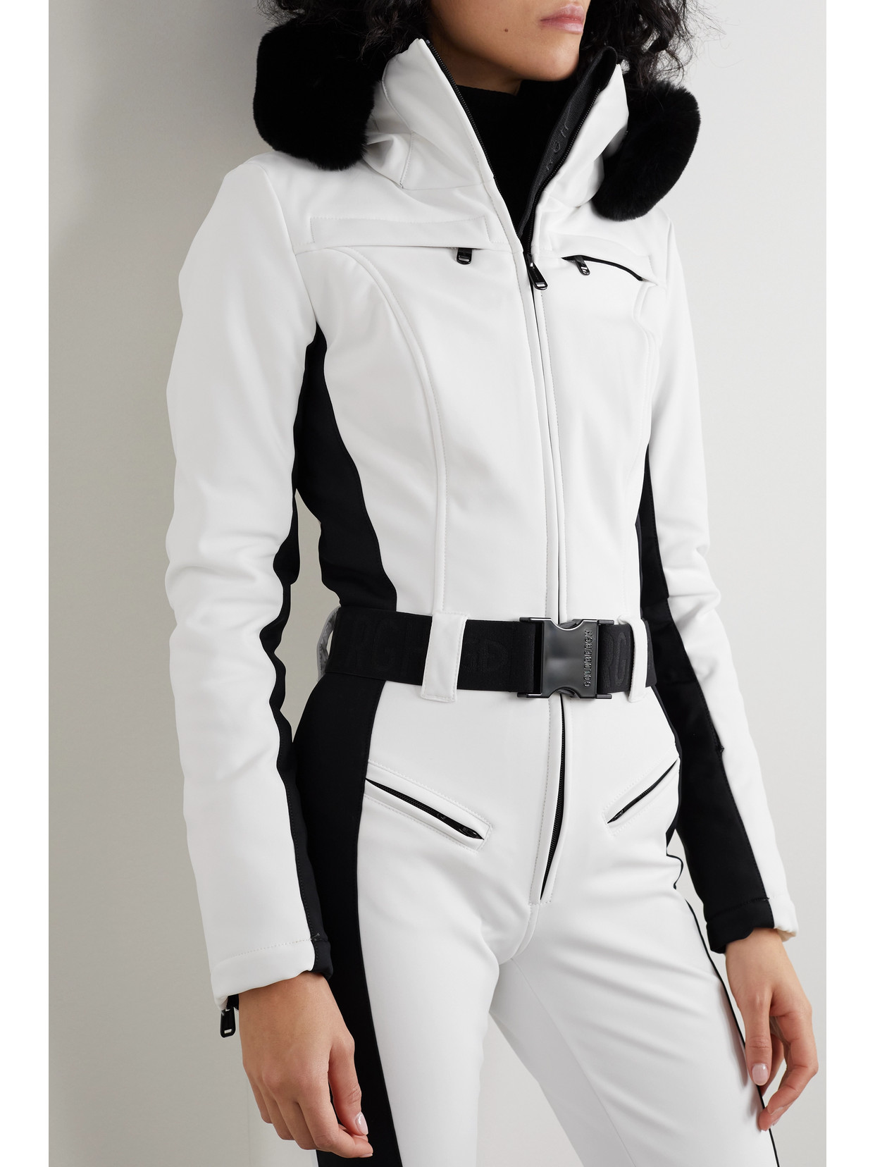 Shop Goldbergh Parry Belted Hooded Faux Fur-trimmed Ski Suit In White