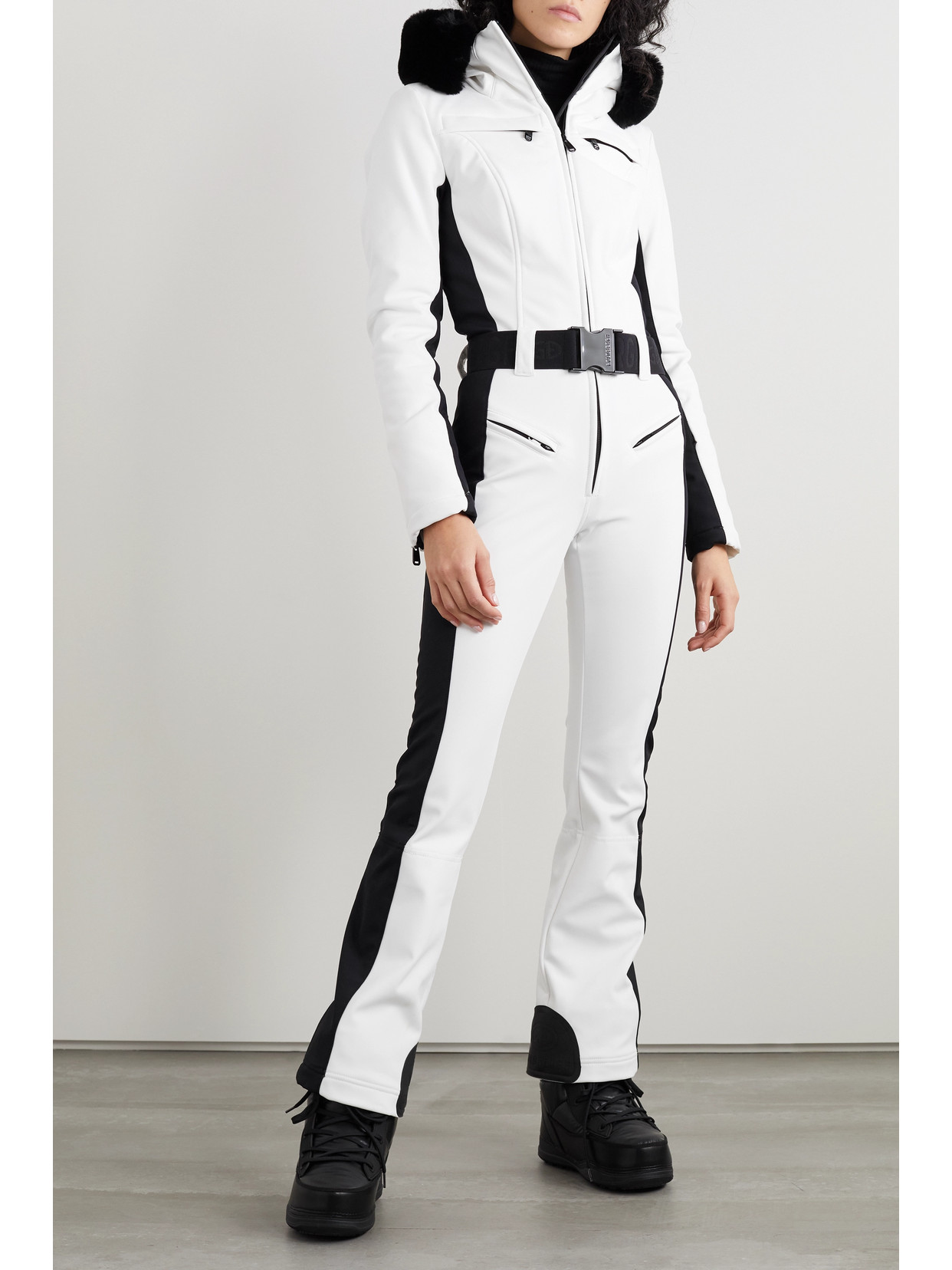 Shop Goldbergh Parry Belted Hooded Faux Fur-trimmed Ski Suit In White