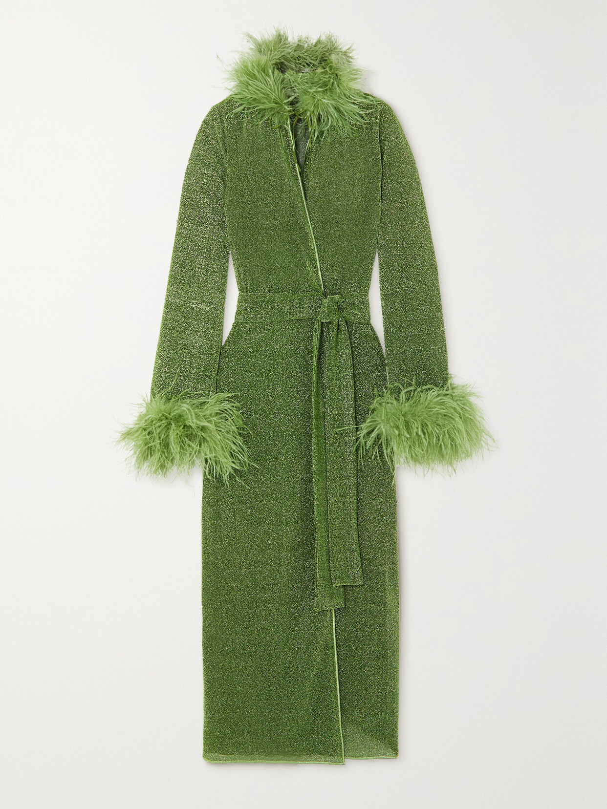 Oséree - Lumière Feather-trimmed Metallic Knitted Robe - Green