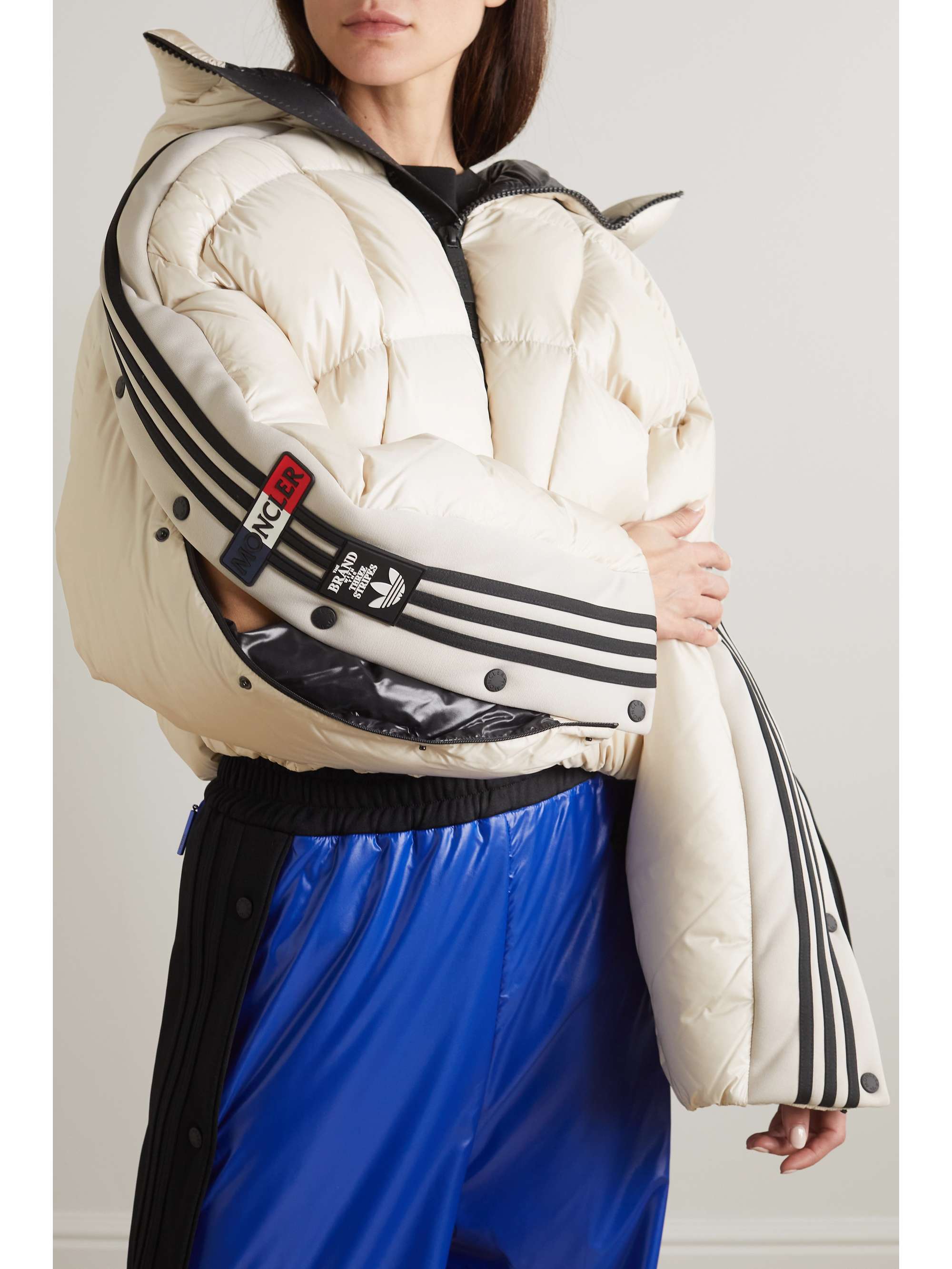MONCLER GENIUS + adidas Originals cropped hooded striped quilted shell down jacket