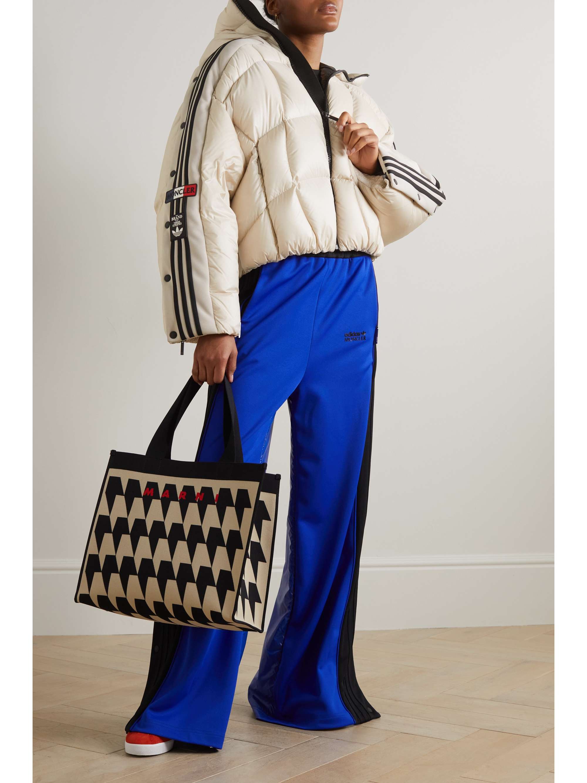MONCLER GENIUS + adidas Originals cropped hooded striped quilted shell down jacket